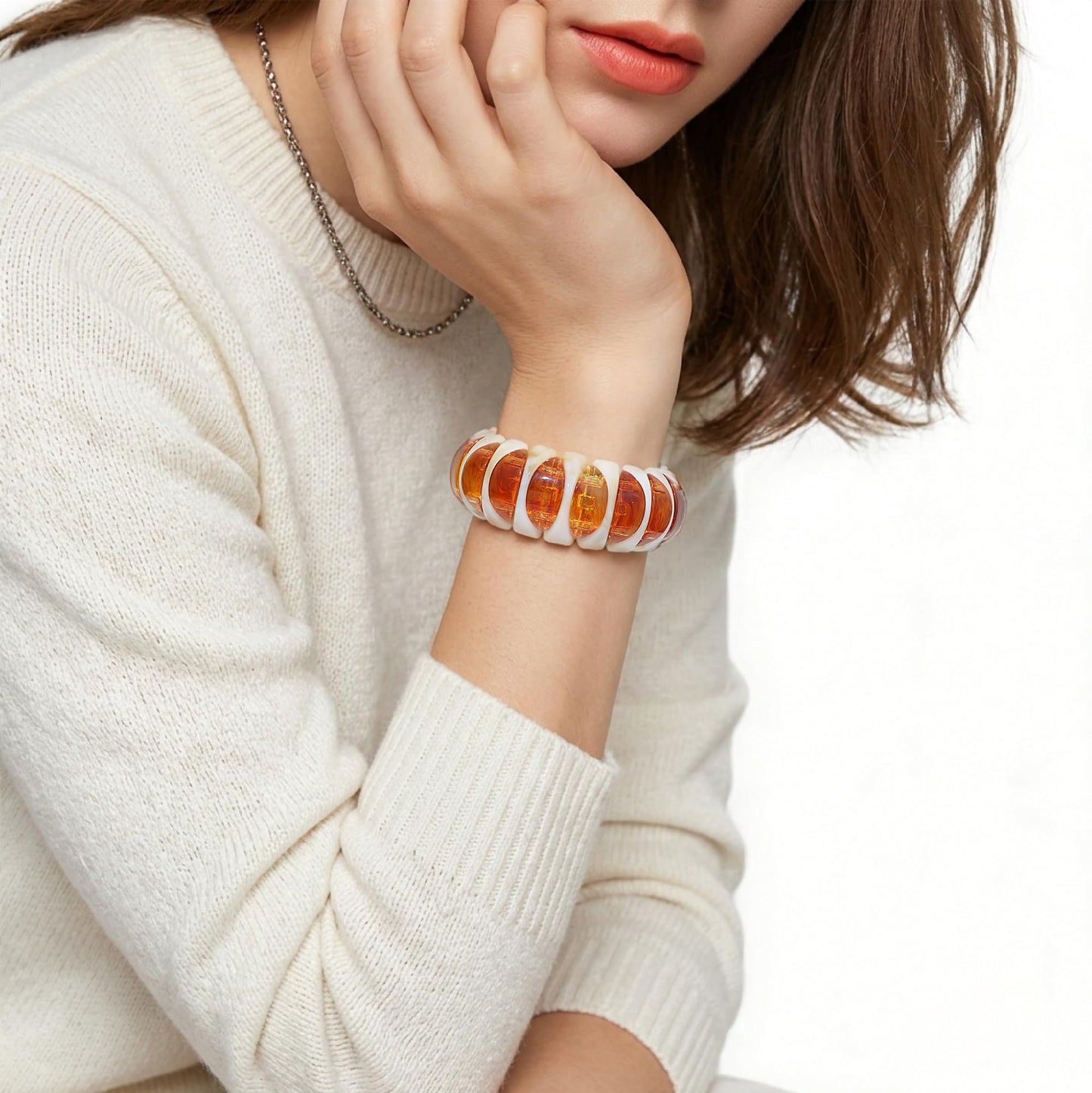 GOOJIDS Simple Beaded Gold Plated Bangles Bracelet Chunky Bamboo Tube Curved Stacking Clear Acrylic Colorful Beads Stretchable Gold Plated Bracelets Set For Women (C-White Sunflower Bracelet)