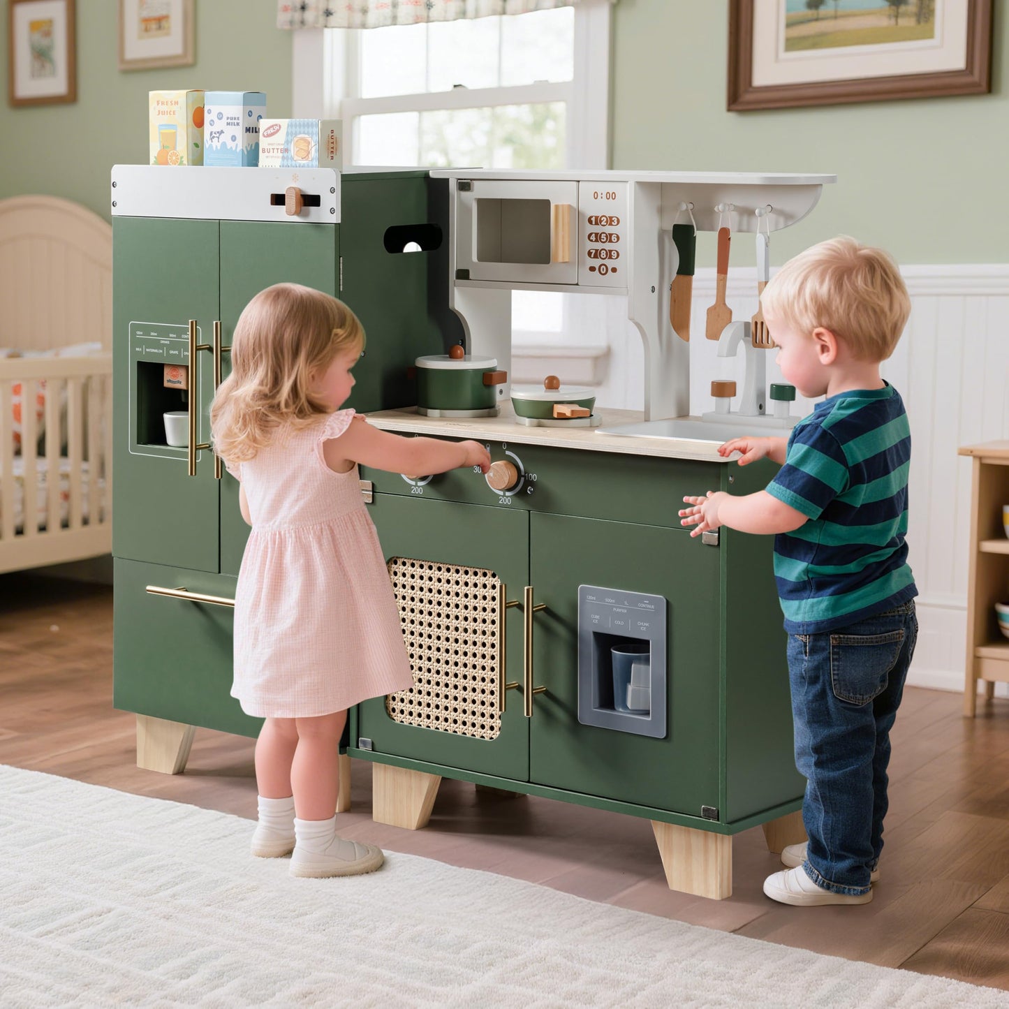 ROBOTIME Play Kitchen with Toy Fridge, Toy Oven, Wooden Kids Kitchen Play Set, Toy Kitchen Set for Kids Age 3 4 5 6 7 (Vintage Green)