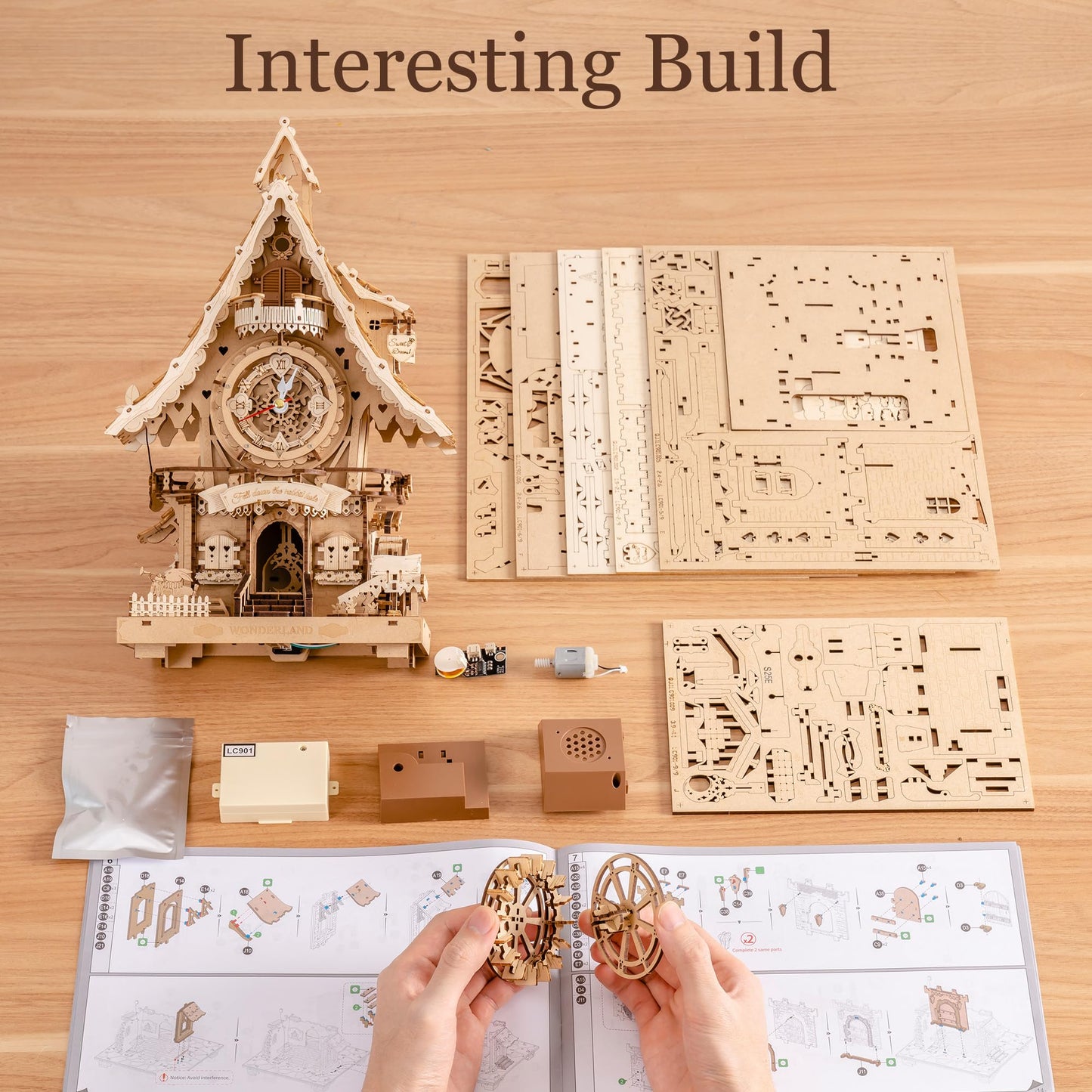 ROBOTIME 3D Wooden Puzzles for Adults-Cuckoo Clock Wooden Models for Adults to Build-435 Piece Model Kit with 2 Lights-Gift for Craft Enthusiast Model Building Set (Natural)