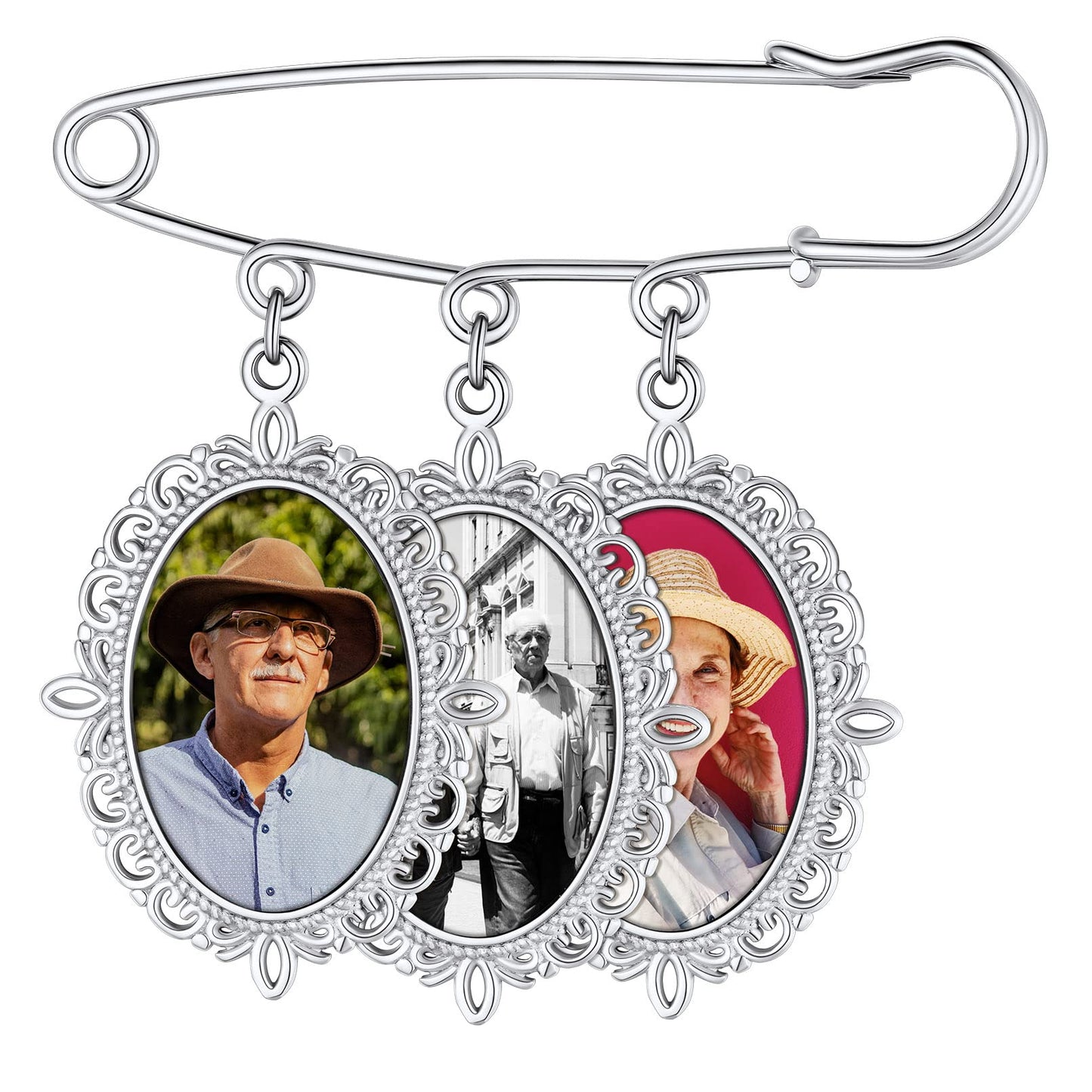 Custom4U Memory Charms for Wedding Bouquet Customized with 3 Pictures Custom Photo Brooch Pins Funeral Boutonniere Oval Shaped Charm Memorial Jewelry