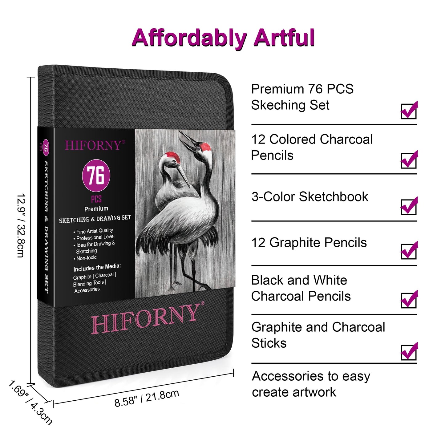 HIFORNY 76 PCS Drawing Set Sketching Kit,Sketch Pencils Art Supplies with Graphite,Charcoal,Blending Tools & Accessories,Portable Zippered Travel Case for Artists & Beginners