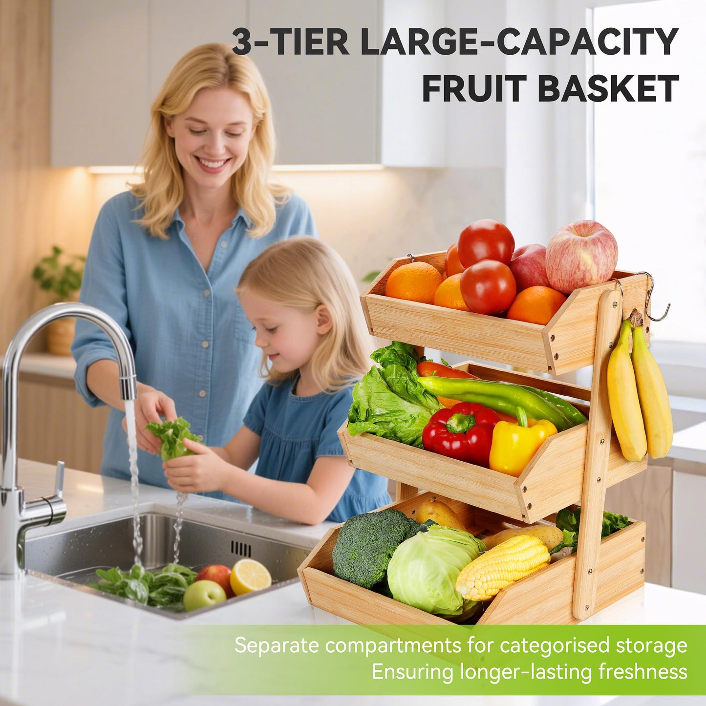 Fyvva Bamboo Fruit Basket, 3-Tier Fruit Basket for Kitchen Counter, Large Fruit Bowl with 2 Banana Hangers for Storing Fruit, Vegetables, and Organising Snacks, Bread (Natural)