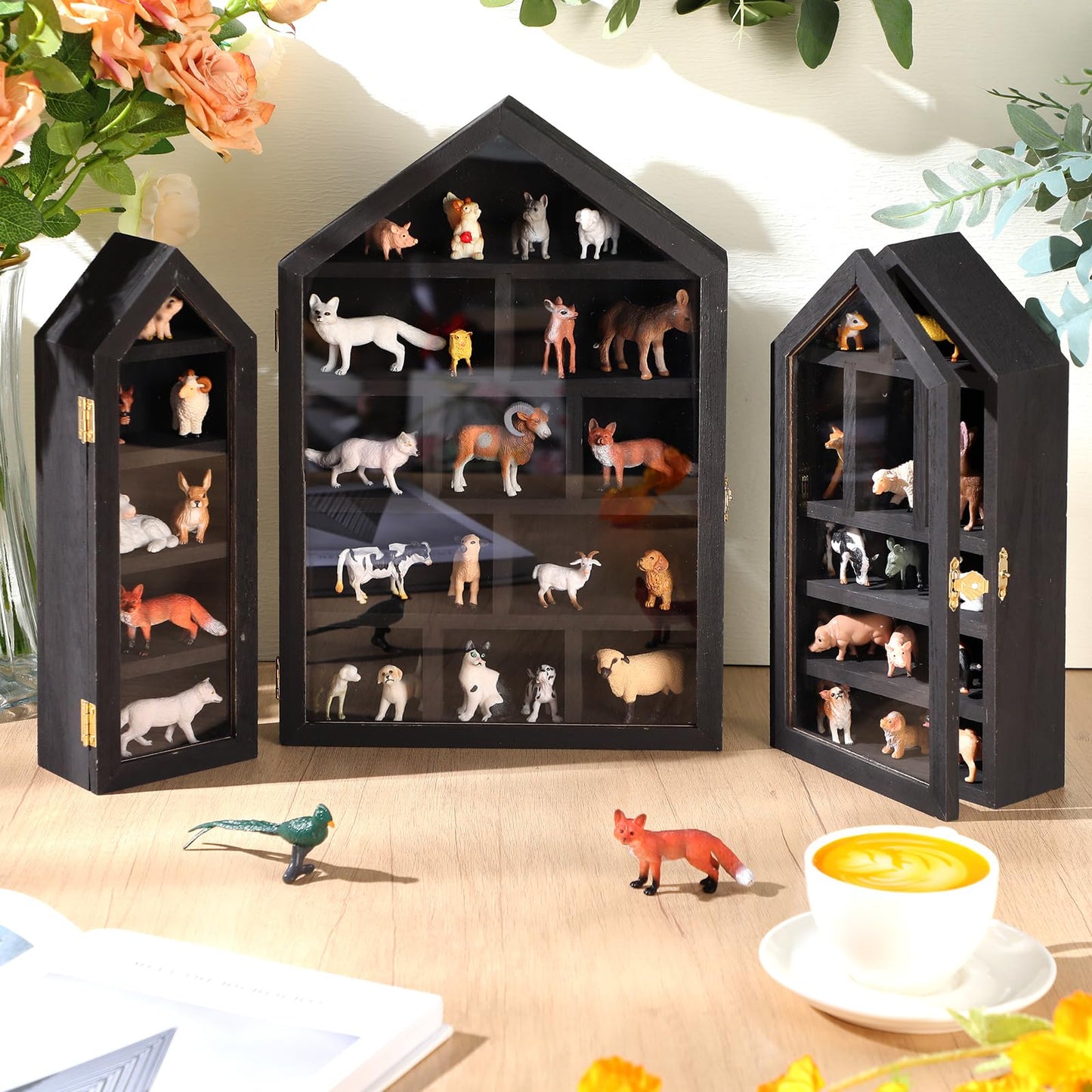 DoubleFill Set of 3 Wooden Trinket Display Shelf Shadow Box with Shelves 10 x 15 Inch Large Wall Mounted Display Storage Mini Figures Curio Trinket Medals Crafts Collections(Black,House Shape)