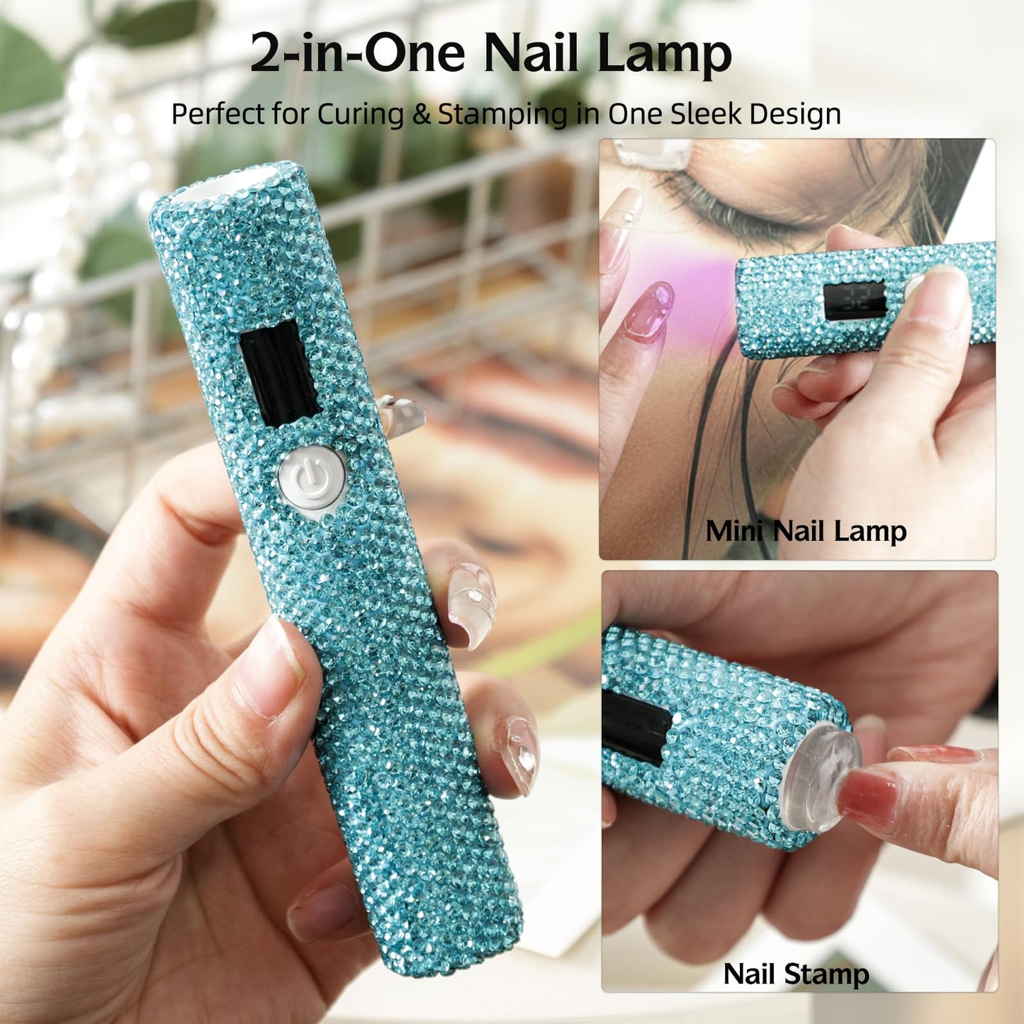 keeyada Handheld UV Nail Lamp with Sparkly Rhinestones, 3W Portable LED Nail Lamp, Wireless Rechargeable USB Nail Dryer with Silicone Stamper, LCD Display, Ideal for Home DIY Manicures (Green)
