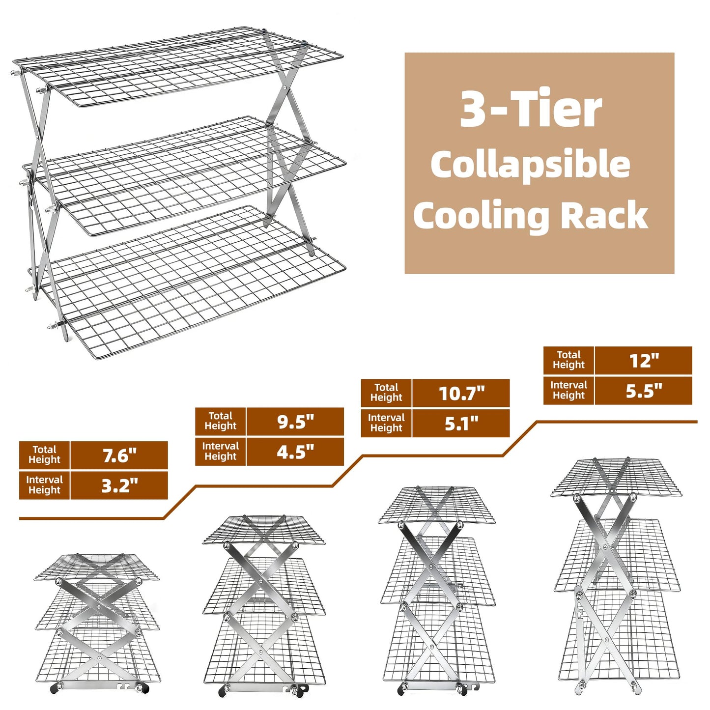 3 Tier Collapsible Cooling Rack with Adjustable 6 Setting Design stackable wire rack for baking sheet for Cookies Baking Gifts for Women (Silver, 3-Tier)