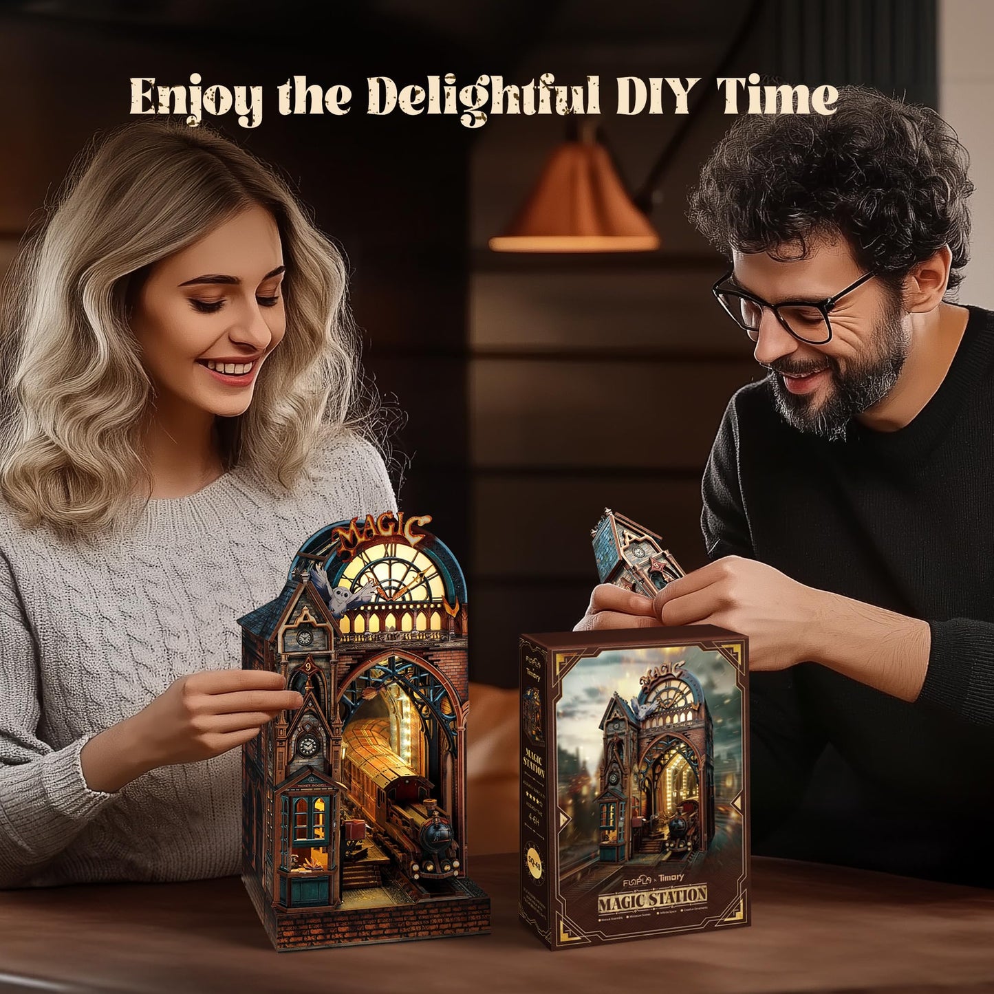 FUNPOLA LED 3D Puzzle Magic Station Book Nook Kit - Interactive 3D Wood Puzzle LED Magical Miniature with Infinite Extension Space - DIY Bookshelf Insert Decor Gifts(Magic Station)