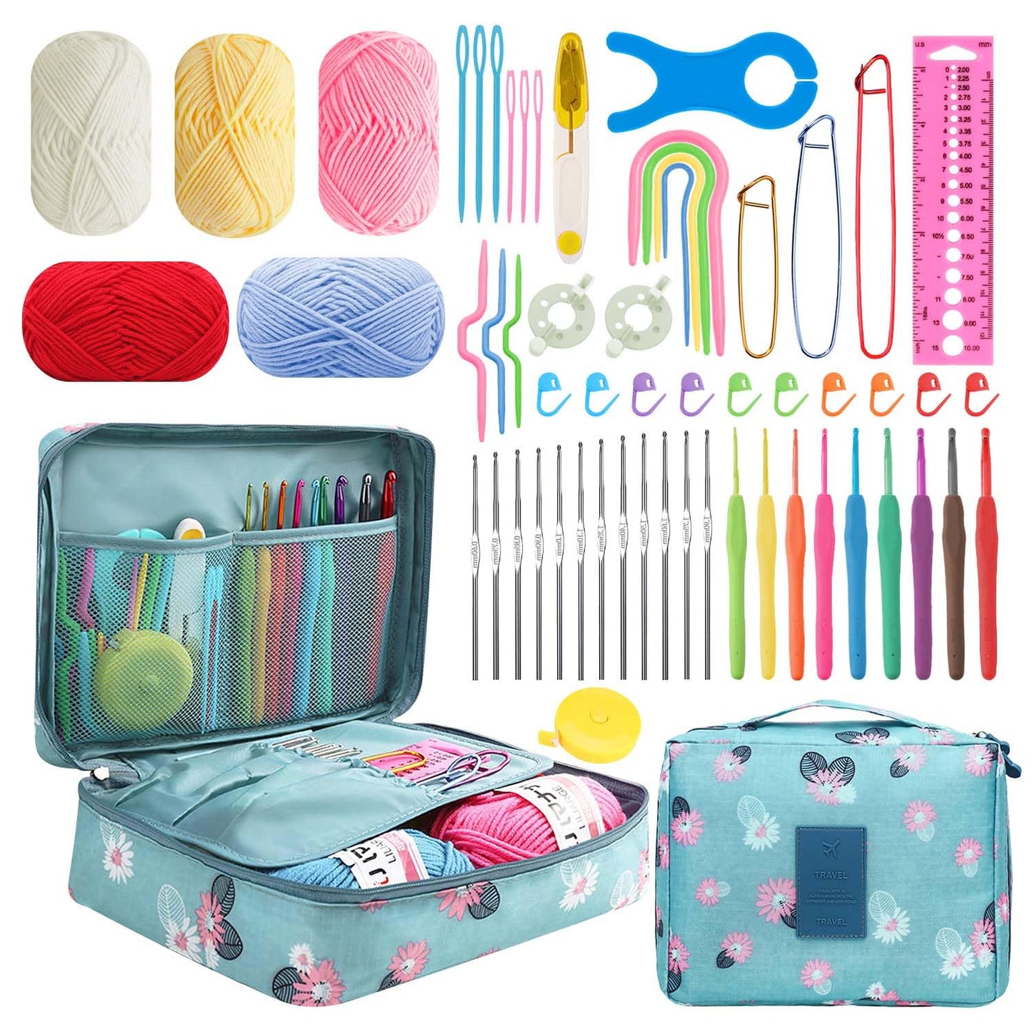 HATINXIA 58pcs Crochet Kit Beginners, Crochet Hook Set with Yarn, Portable Crocheting Kit for Starter, Ergonomic Crochet Needles Tools DIY Knitting Accessories for Experienced Crochet Lovers, Floral