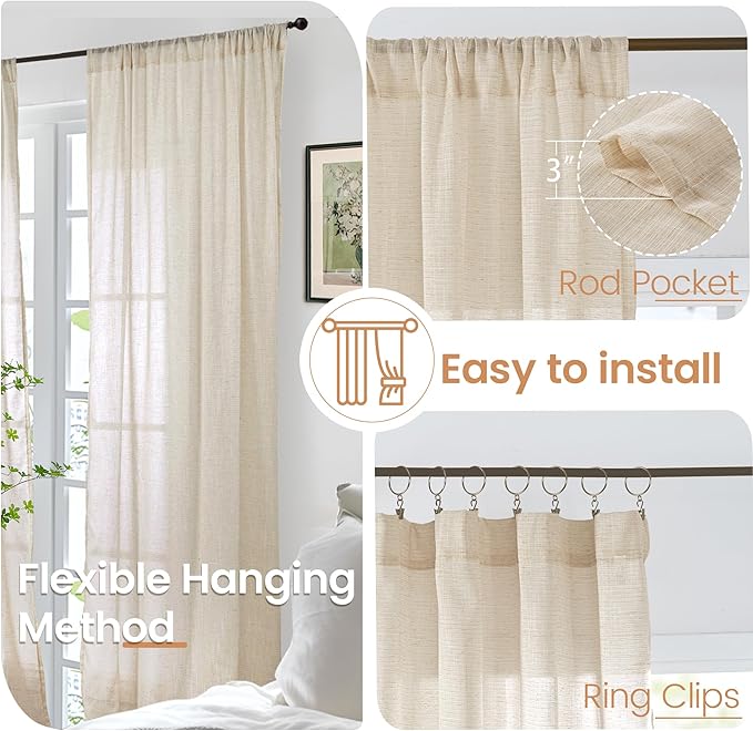 BGment Natural Linen Curtains 90 Inches Long for Living Room, Semi Sheer Window Drapes Lightweight Rustic Country Textured for Farmhouse Bedroom Decor with Rod Pocket, 2 Panels Set, Each 52 Inch Wide