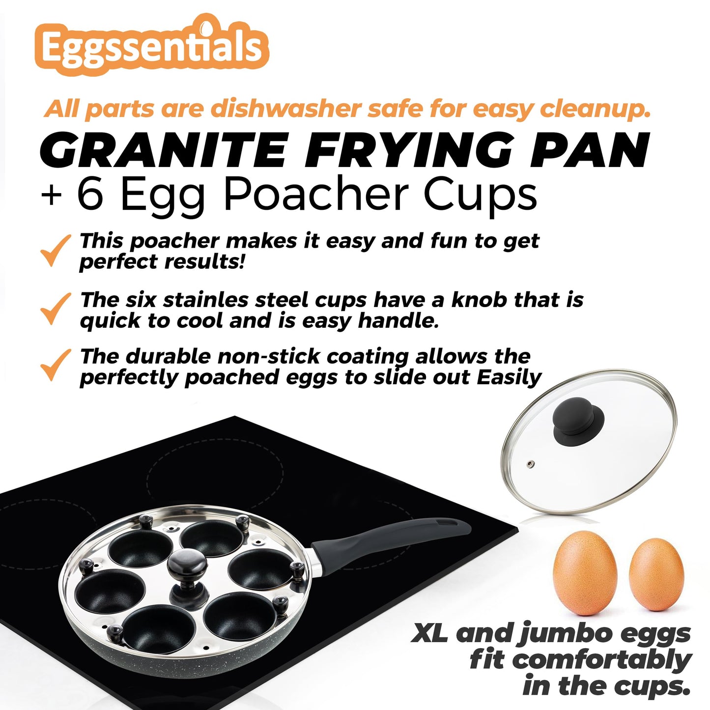 Eggssentials 2 IN 1 Egg Poacher Pan & Large Frying Pan - Poached Egg Maker, Granite Egg Poacher with 6 Cups - Egg Pan - 10 Inch Frying Pan Nonstick Omelette Pan