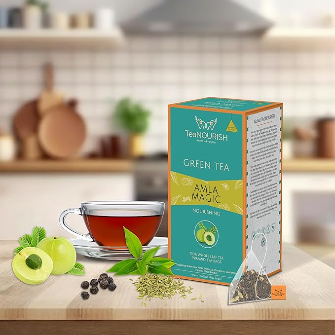 TeaNOURISH Amla Magic Green Tea | 20 Count Pyramid Tea Bags | Whole Leaf Tea | Blended with Amla, Hibiscus, Fennel, Cardamom & Cinnamon | 100% NATURAL INFUSION