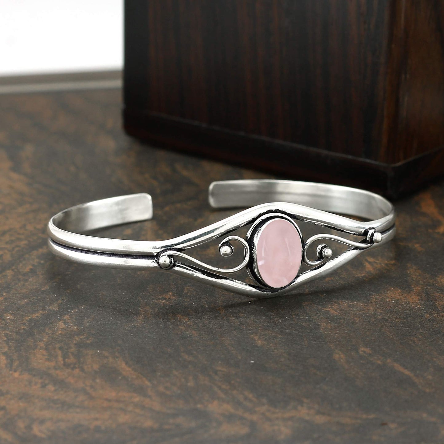 925 Silver Plated Natural Rose Quartz Cuff Bangle Bracelet for Women – Handmade Open Bangle – Pink Gemstone January Birthstone Statement Jewelry – Gift for Her