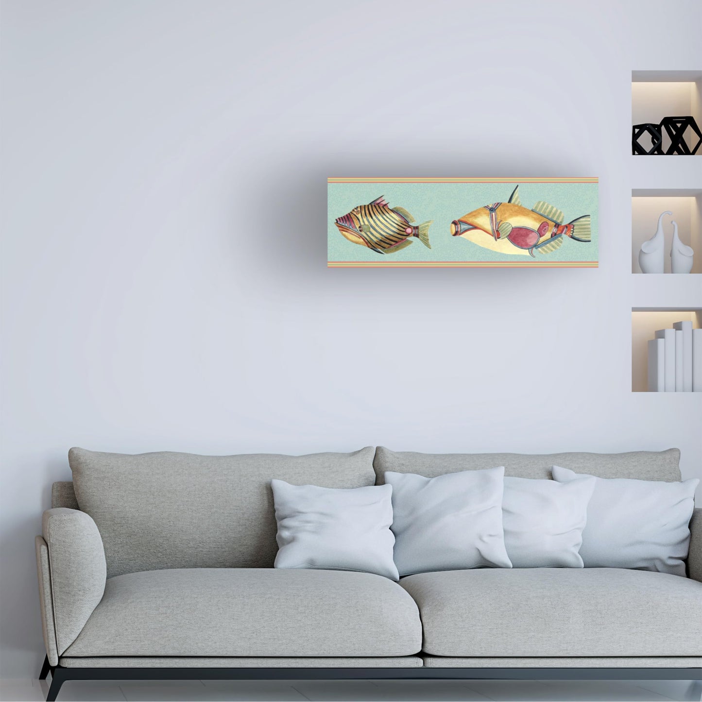 Wrapped Canvas Wall Art - Gail Fraser 'Very Fishy Indeed - Horizontal Panel 6' Wall Art for Living Room, Bedroom, or Office Décor - 8x24