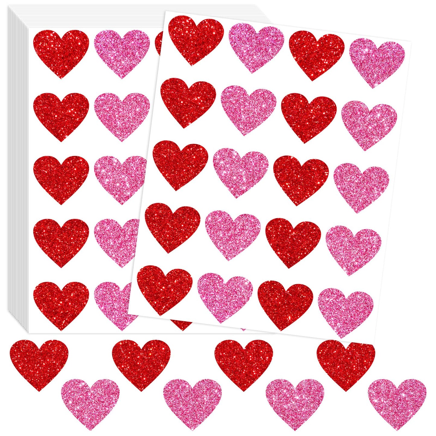 Whaline 500Pcs Valentine's Day Glitter Heart Stickers Pink Red Heart Shape Adhesive Decals Valentines Love Hearts Sticker Labels Decorative Envelope Seal Stickers for Wedding Anniversary Party