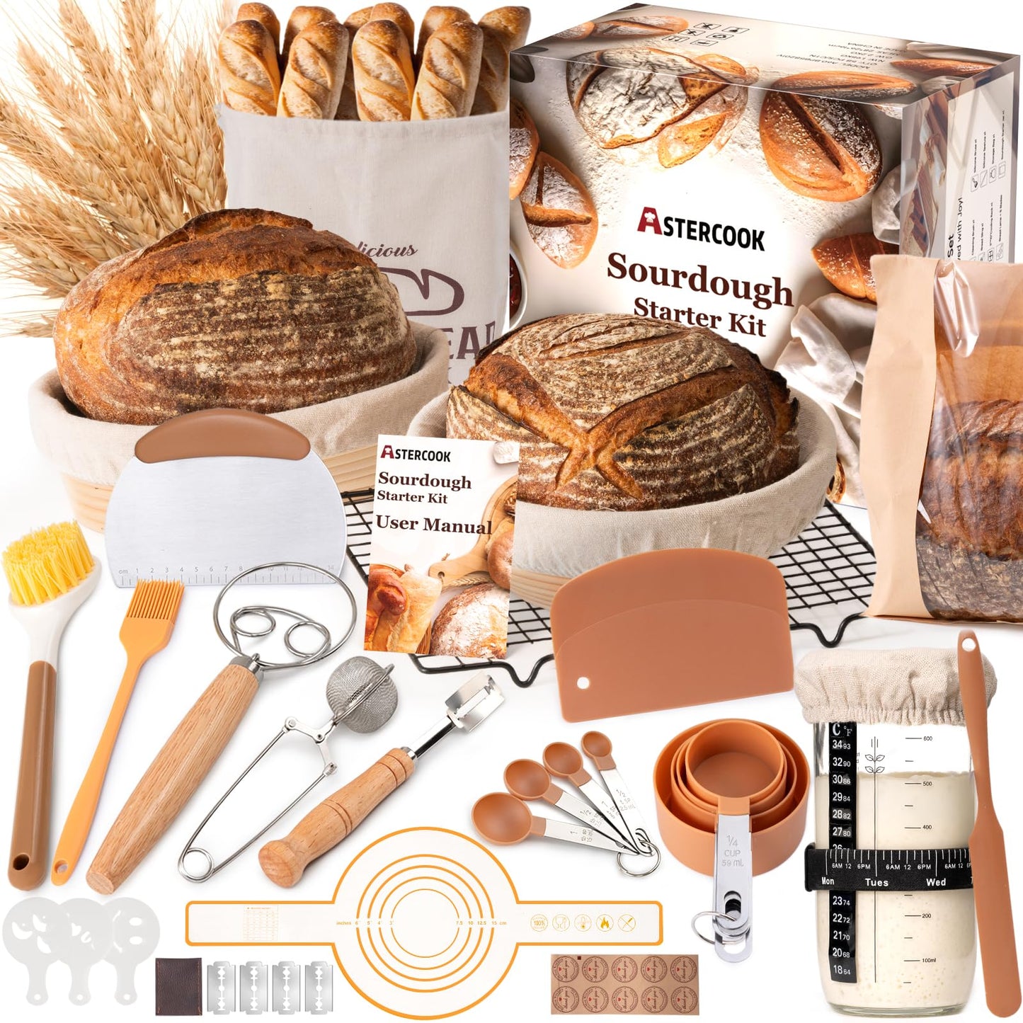 Astercook Sourdough Starter Kit with Round & Oval Banneton Bread Proofing Basket, Bread Sling, Starter Jar, Dough Whisk, Scrapers, Stencils, Complete Sourdough Bread Baking Supplies, Mothers Day Gifts
