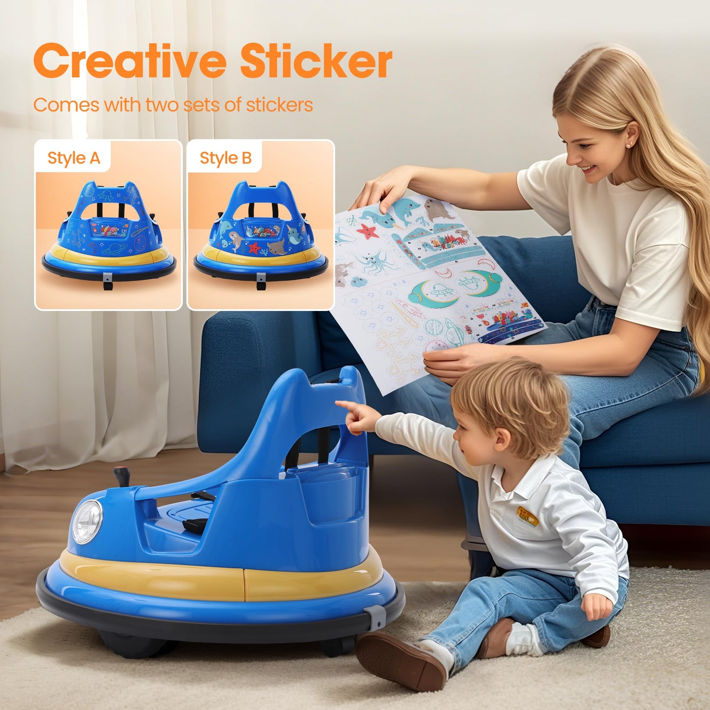 12V Electric Ride On Bumper Car for Toddler & Kids Ages 1.5-6 Years with Remote Control, 2PCS DIY Stickers, 360 Degree Spin, Lights, Sounds, Blue