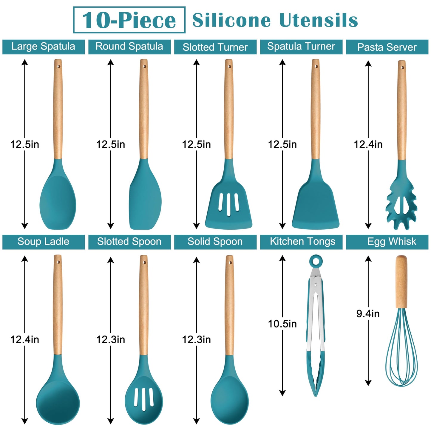 E-far Blue Silicone Cooking Utensils Set, 10-Piece Kitchen Utensils Set with Wooden Handle for Nonstick Cookware, Heat Resistant Kitchen Nonstick Tools Spatula Whisk Tongs Ladle, Non-toxic & Healthy