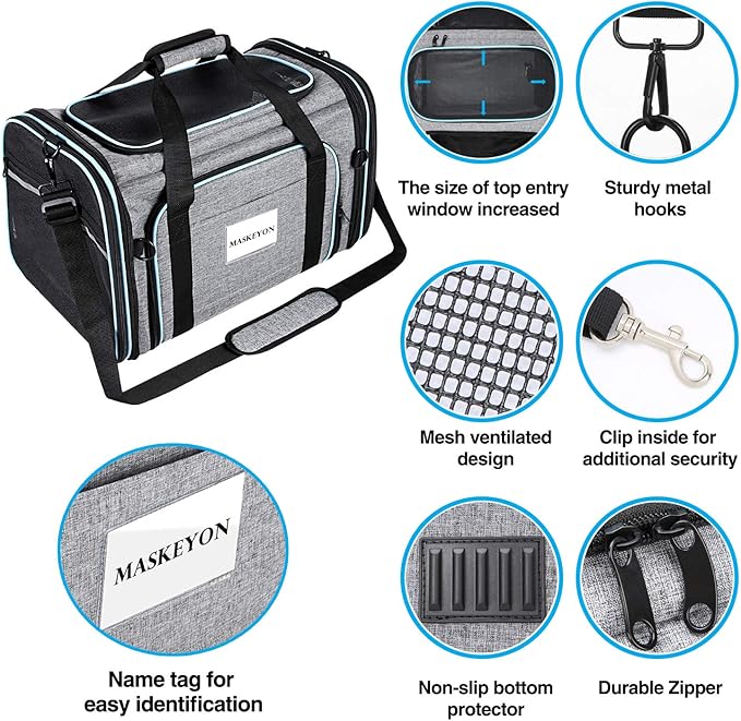 MASKEYON Airline Approved Portable Pet Carrier 2 Sides Expandable Soft-Sided Large Cats Carrier Collapsible Kennel Travel TSA Carrier 4 Doors with Removable Pads and 3 Pockets for Puppy Small Dogs