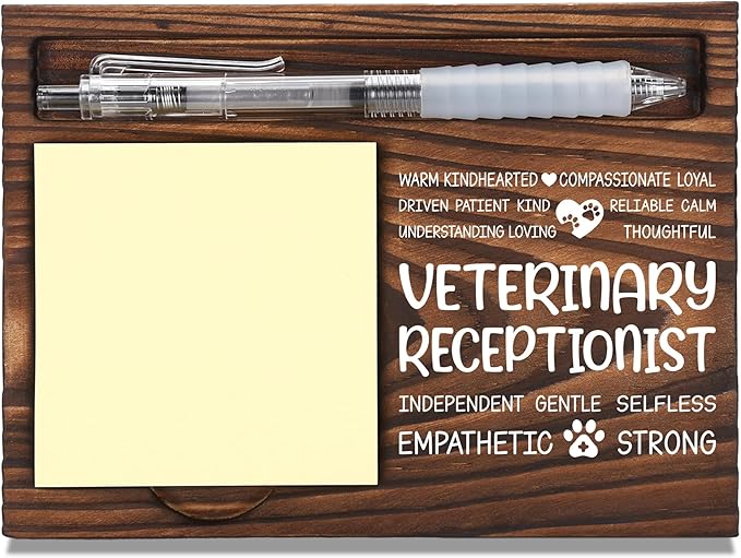 Veterinary Receptionist Appreciation Gifts, Thank You Gift for Veterinary Receptionist, Vet Front Office Coworkers Staff Gifts, Sticky Note Holder Wooden Notepad & Pen Holder 6.5" x 4.7" - FTA275