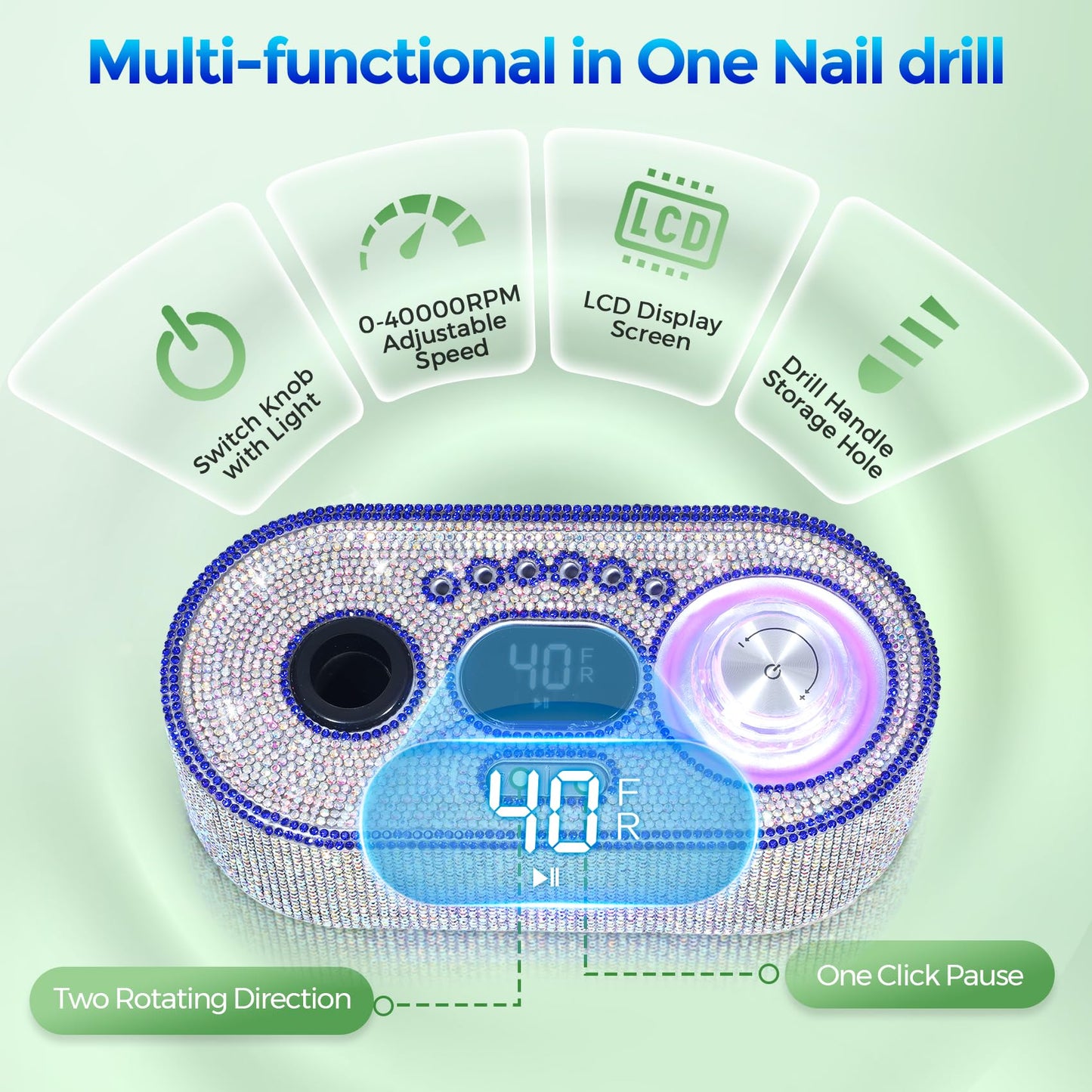 Nail Drill Electric File: DEDNMSCA Sparkly Professional Nail Drill Kit, 40000RPM E-File Machine with 12 Drill Bits for Acrylic Nails Remove Nail Gel Polish Manicure for Salon Home, Diamond Lamp