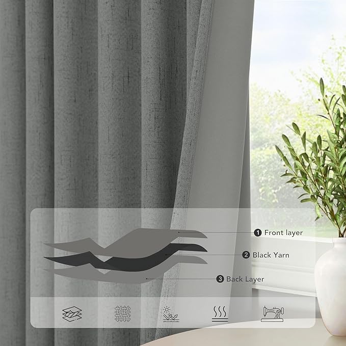 Office Curtains for Windows 102 Inches Long 2 Panel Set Blackout Back Tab Pleated Linen Textured Room Darkening Black Out Masculine Curtains for Boys Bedroom Man Cave 102 Length Slate Grey Dark Gray