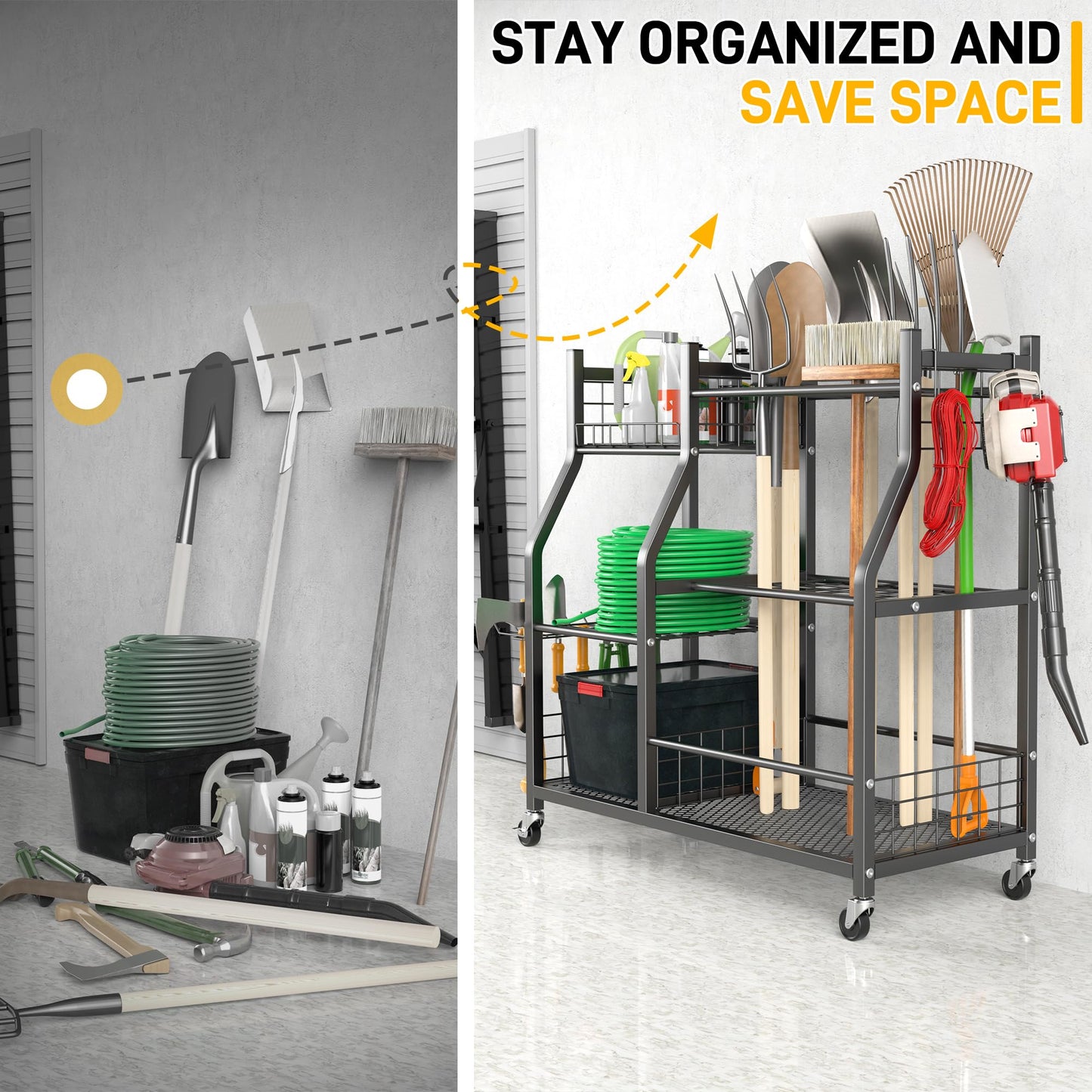 Ultrawall Garden Tool Organizer, Yard Tool Storage Rack for Garage Organization with Lockable Wheels, Garden Tool Stand for Rake, Brooms, Indoor & Outdoor Use