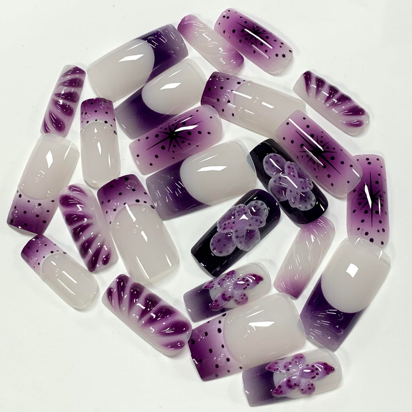 BABALAL Press On Nails, Long Square Fake Nails, Purple Ombre With 3d Floral & Polka Dot, Glossy Full Cover Glue On Nails For Women And Girls 24Pcs