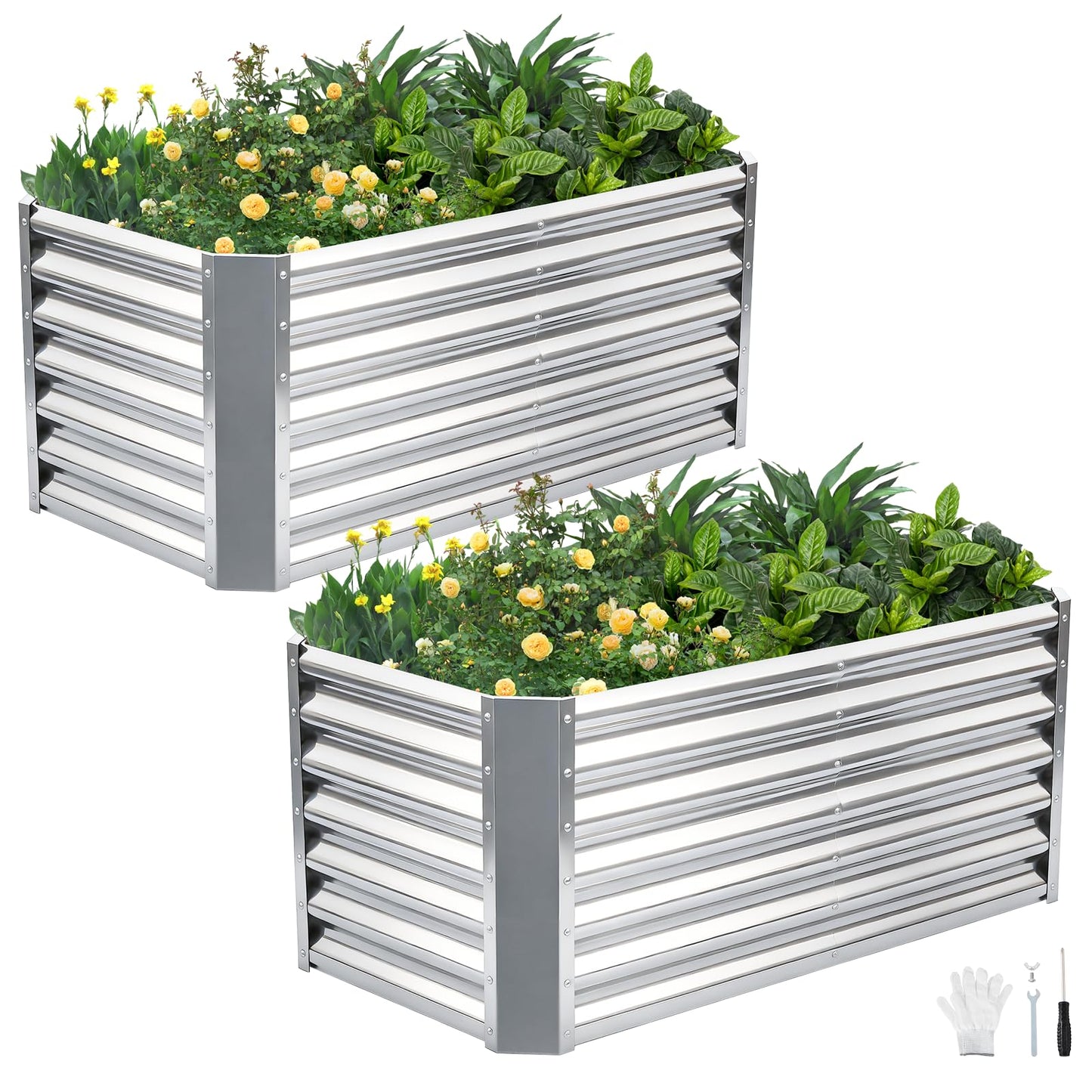 GoCampDirect 4x2x2ft (2 Pack) Raised Garden Bed - Galvanized Deep Root Planter Boxes Outdoor with Wing Nuts and Safety Edges for Gardening Vegetables, Flowers, Herbs, Succulents - Silver