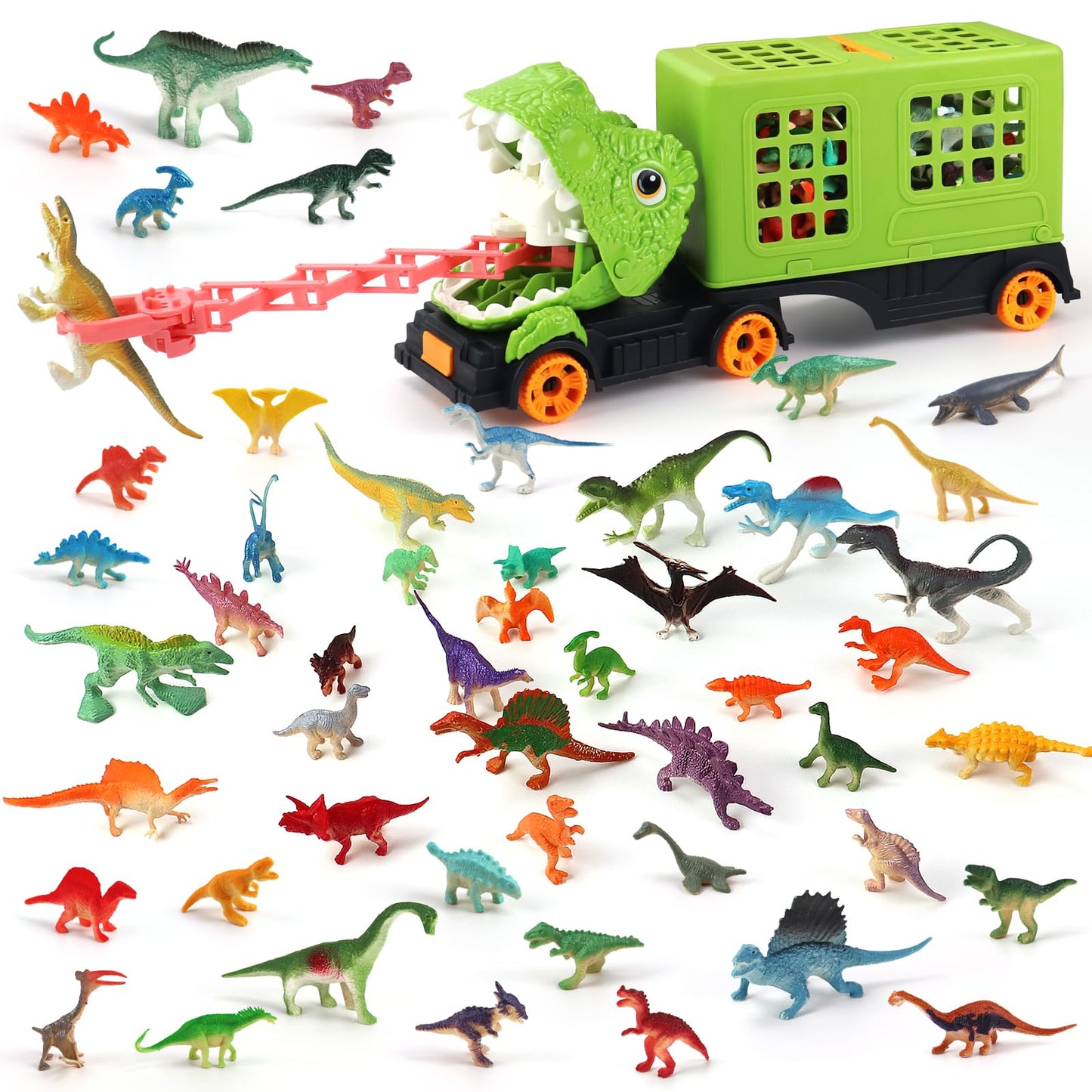 Oiuros 50PCS Dinosaur Truck Toy, Tyrannosaurus Capture Vehicle with 50 Dinosaur Figures, Educational Jurassic Playset for Boys & Girls - Perfect Birthday