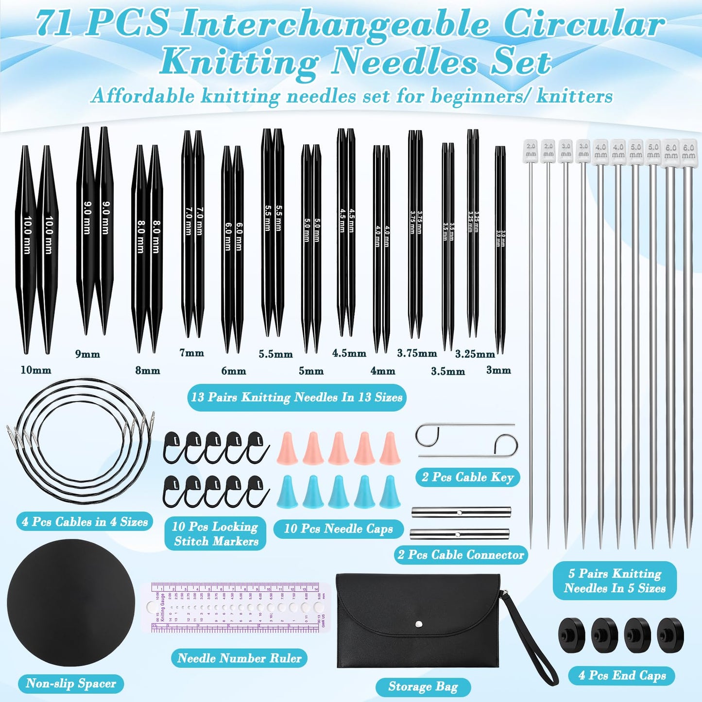 13 Pairs Interchangeable Knitting Needles Set with 4 Flexible Cables, Portable Circular Knitting Needles, 3-10 mm Smooth Aluminum Knitting Needle Kit for Beginner Projects Travel Home Knitting