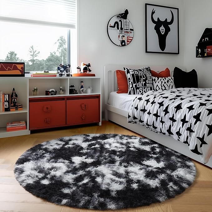 Amdrebio Black White Grey Round Rug 5Ft Circle Area Rugs for Living Room Bedroom, Fluffy Fuzzy Shaggy Furry Rugs for Kids Room Dorm Home Office, Shag Plush Floor Modern Cool Carpet for Men Teen Boys