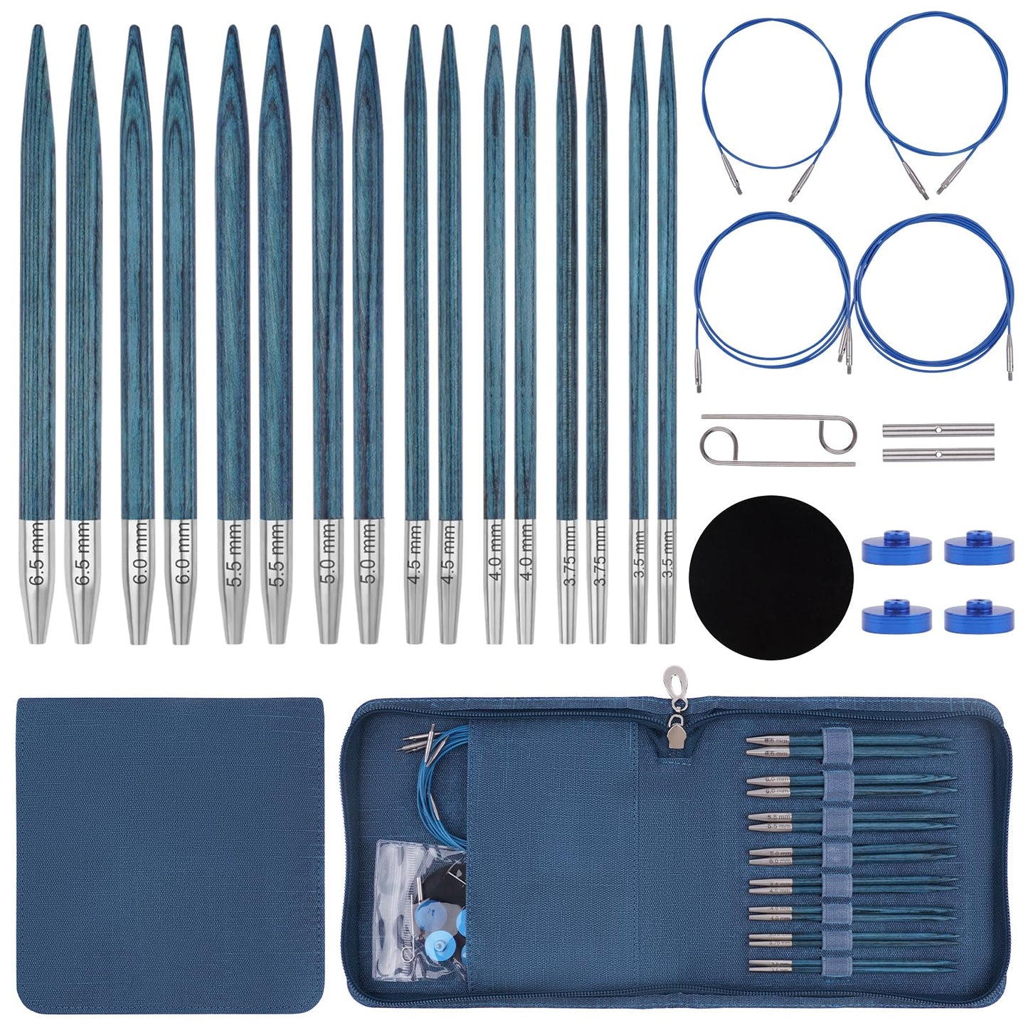 BsHooker Interchangeable Circular Knitting Needles Set with Case,3.5mm-6.5mm Birch Wood Knitting Needles Set with Cables,Complete Accessories