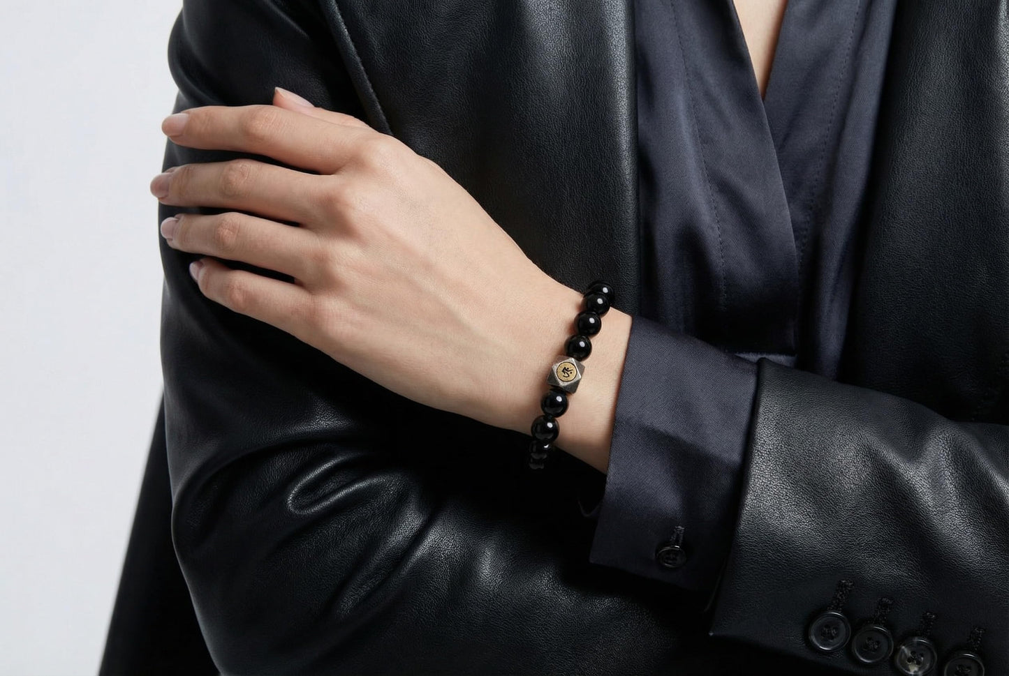 FAIRY CONCEPT Natural Black Obsidian Beaded Bracelet with Metal Charm, Polished Stone Beads, Elastic Stretch Design, Unisex Protection Jewelry