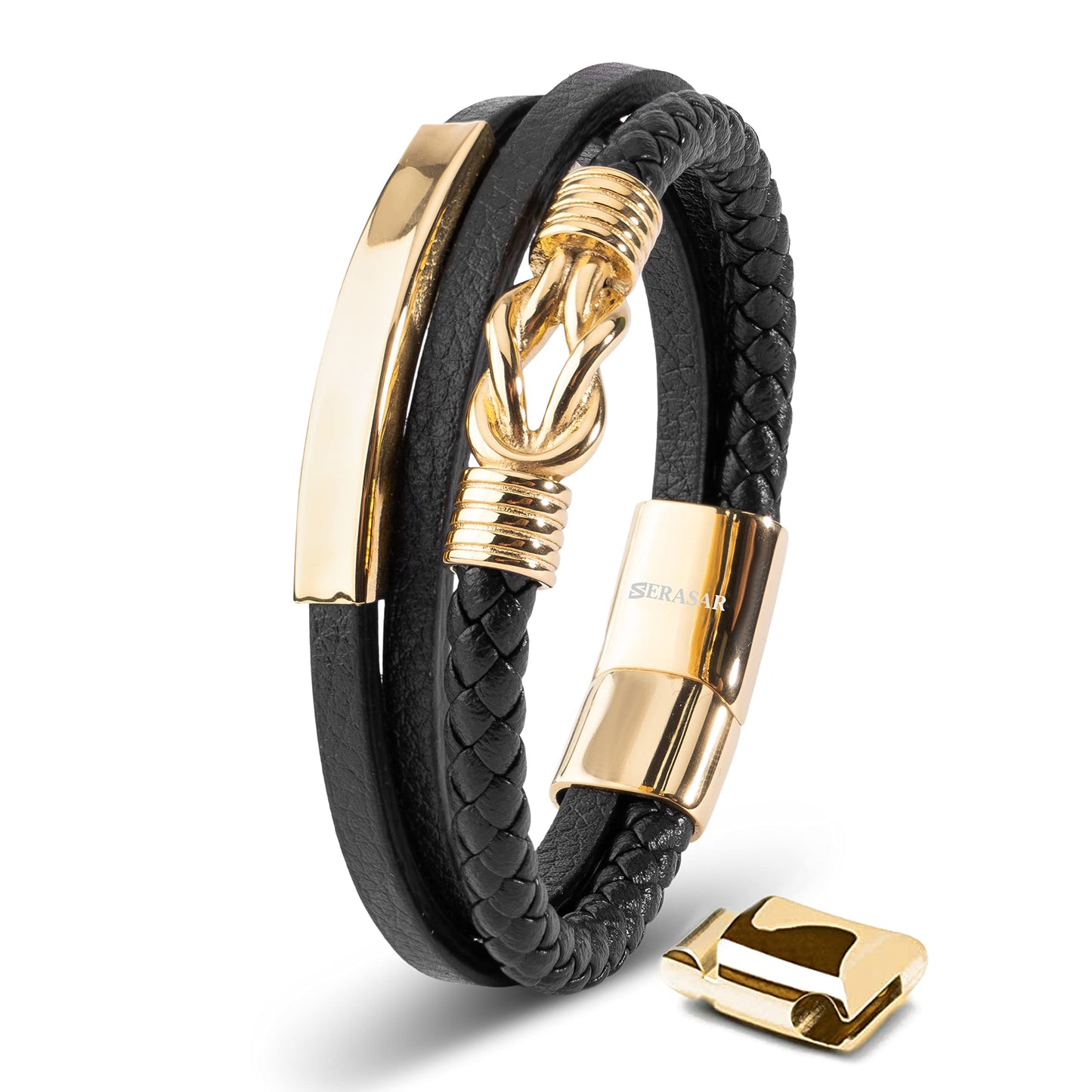 SERASAR Men's Gold Bracelet 17cm Leather Or Gift Box Braided Cowhide Adjustable Magnetic Clasp Multi Layer Wrap Jewelry Rope Male Men Magnet