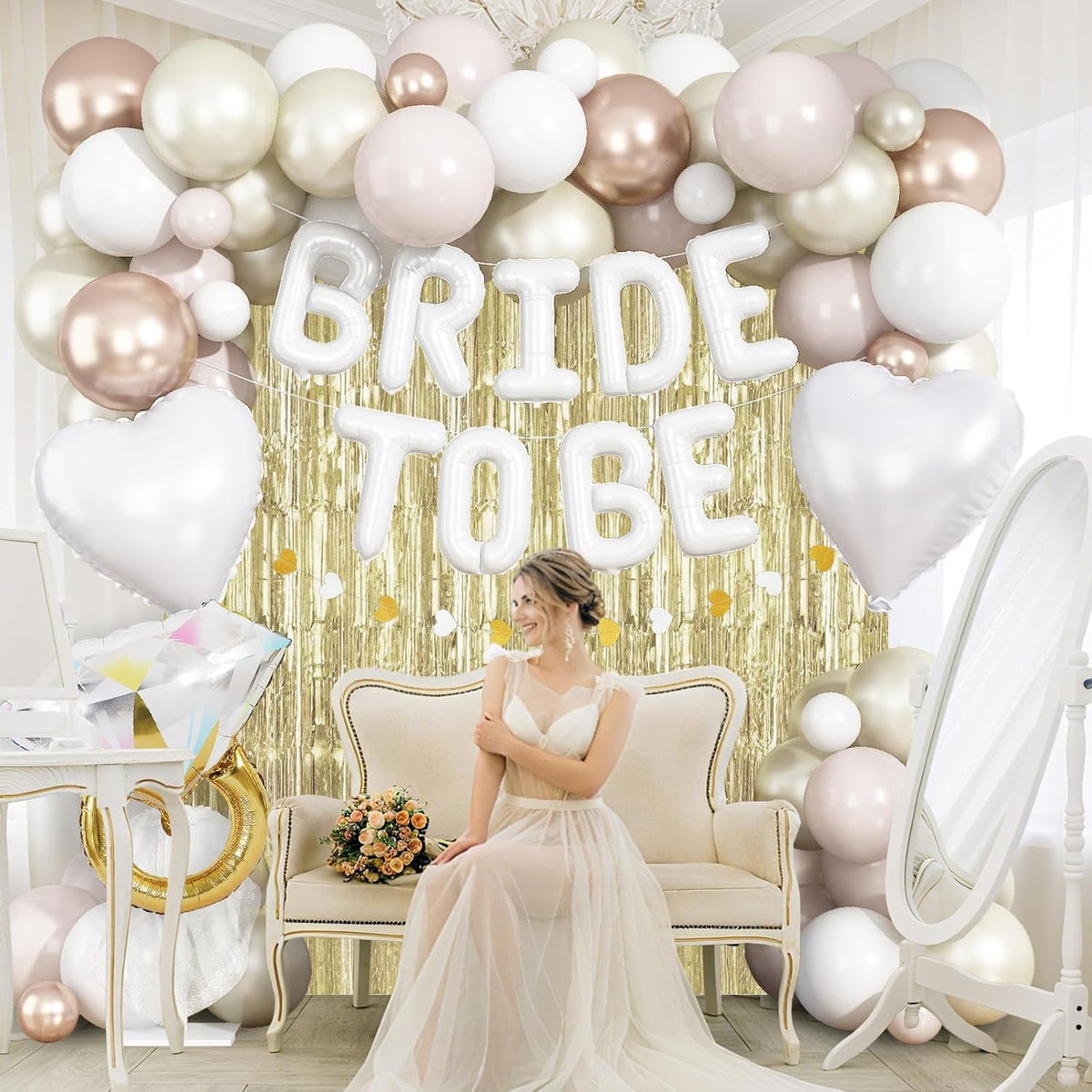White Gold Bachelorette Party Decorations, Bride To Be Mylar Foil Letter Balloons with White Champagne Balloons and Light Gold Fringe Curtains for Bridal Shower Decoration Engagement Hen Party Decor