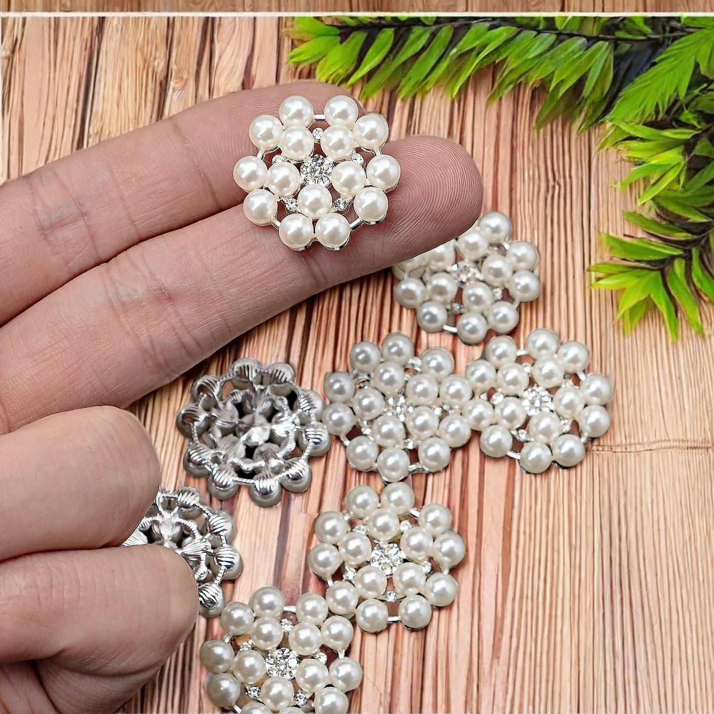 24 pcs Pearl Buttons Rhinestone Crystal Silver Flatback Beads Brooches Elegant Embellishment Accessory DIY Craft for Wedding Party Bags Shoes Dress Home Decoration 24mm (Silver)