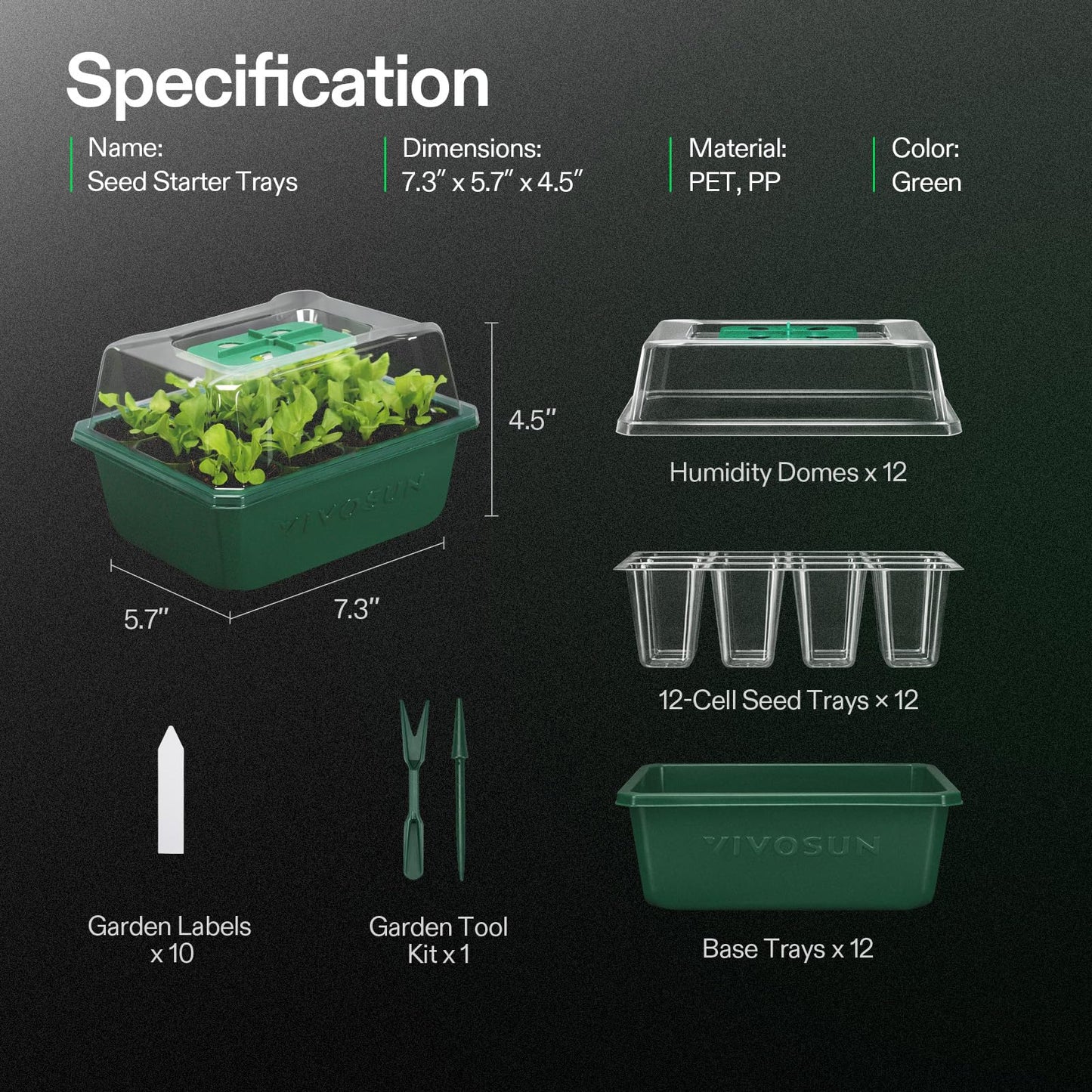VIVOSUN 24-Pack Seed Starter Trays, 144-Cell Seed Starter Kit with Humidity Dome, Flat Reusable Plant Germination Trays with Drain Hole, Green Propagation Tray for Planting Seeds