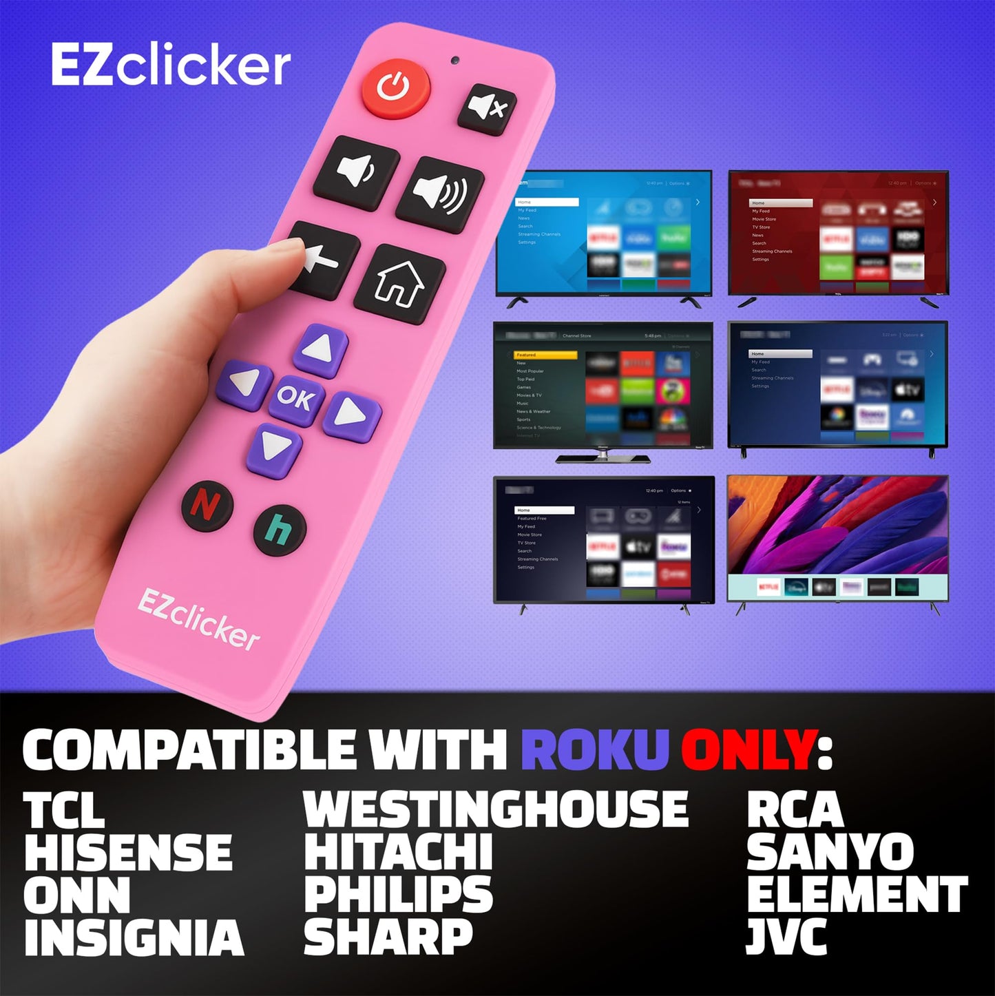 Roku Replacement TV Remote Compatible with Roku TV's ONLY (Pink) Big Button TV Remote Control, Simple and Easy to Use, NOT Compatible with Roku Stick or Box (2xAAA Batteries not Included)