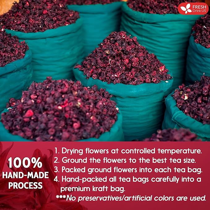 FreshDrinkUS, Premium 10 Hibiscus Flowers Tea Bags, 100% Natural, Pure from Hibiscus Flowers. Loose Flower Herbal Tea. No Sugar, No Caffeine, No Gluten, Vegan.