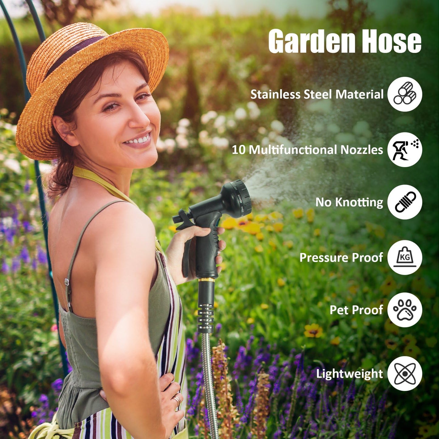 100ft Garden Hose, Heavy Duty Metal Water Hose 100 ft with 10 Function Nozzle, Flexible No-Kink, Pet-Proof & Puncture-Proof Stainless Steel Outdoor Hose for Yard
