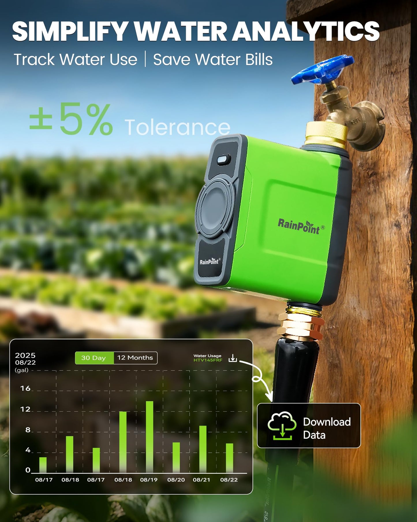RAINPOINT WiFi Water Timer for Garden Hose, WiFi Sprinkler Controller, Smart Hose Timer Valve, Automatic Drip Irrigation System/Rain Delay for Garden/Lawn/Yard (Brass Inlet & Outlet, WiFi Gateway)