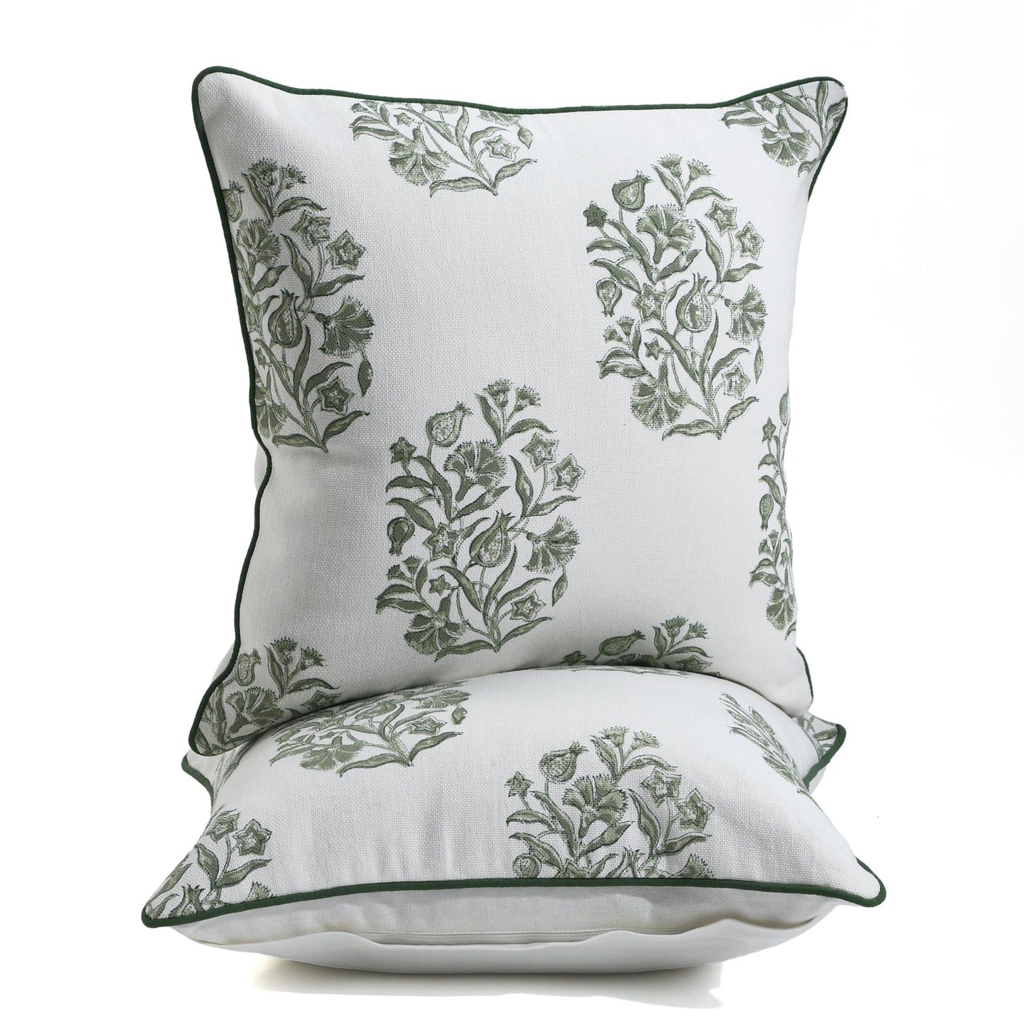 CPC Sage Green Block Print Throw Cushion Cover 20 x 20 Inch Set 2 - Decorative Boho Floral Pillow Case for Living Room, Bed, Sofa, Couch, Home Decor Cushion Cover Gift for Spring, Mother's Day