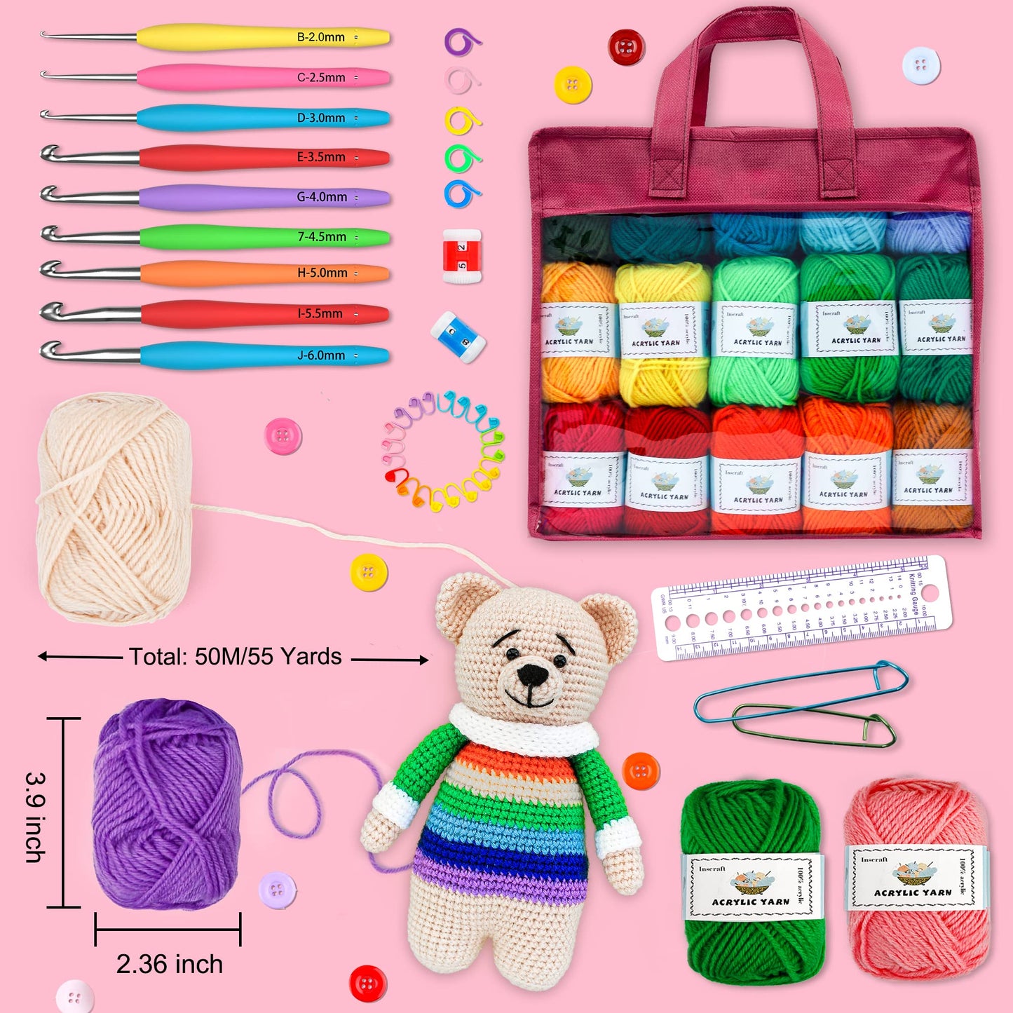 INSCRAFT Crochet Yarn Kit for Beginners Adults, Includes 1650 Yards 30 Colors Acrylic Skeins, User Manual, Hooks, Wine Bag etc, Make Amigurumi & Projects, Starter Set Professionals