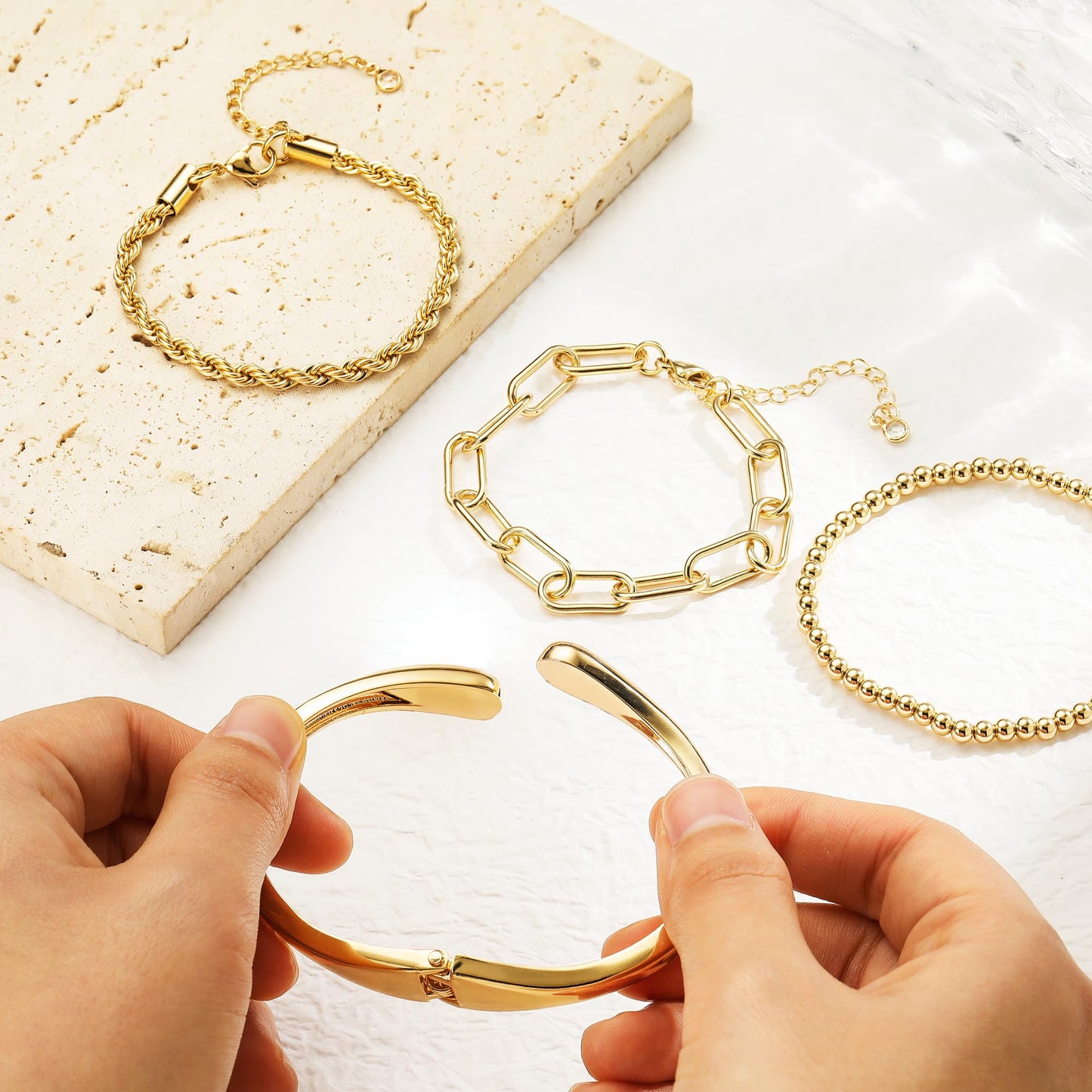 M MOOHAM Chunky Gold Bangle Bracelets for Women, Dainty 14k Gold-Plated Thicker Stackable Chain Bangles Cuff Bracelets Stack Set for Women Trendy Jewelry Gifts