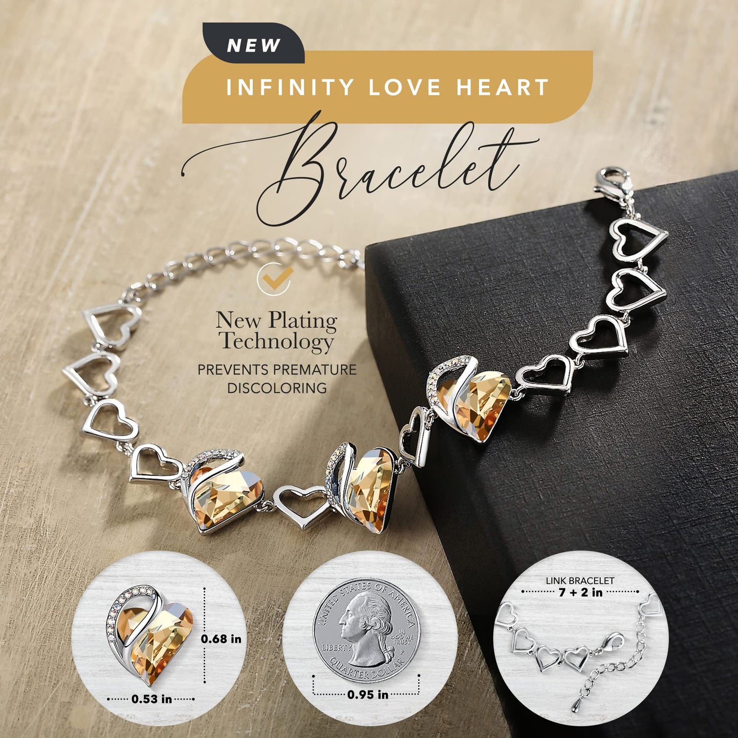 Leafael Infinity Love Heart Gift Bracelet for Women, November Birthstone Crystal, Yellow Shade, Silver Tone, 7-inch Chain and 2-inch Extender