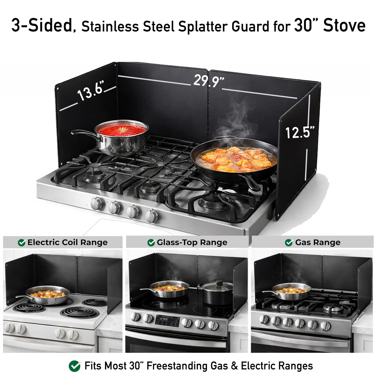 Foldable, Nonstick, Grease Splatter Guard for Stove Top by Baetle– Heavy-Duty Stainless Steel Oil Splash Shield, Premium Black Style, 29.5" Wide Back Panel, 13.6" Deep–with Spoon Rest