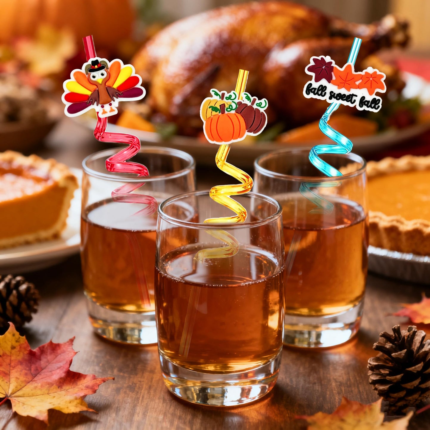 Thanksgiving Decorations for Party 24pcs Reusable Drinking Straws Thanksgiving Party Favors Turkey Straws for Fall Maple Leaf Autumn Party Supplies