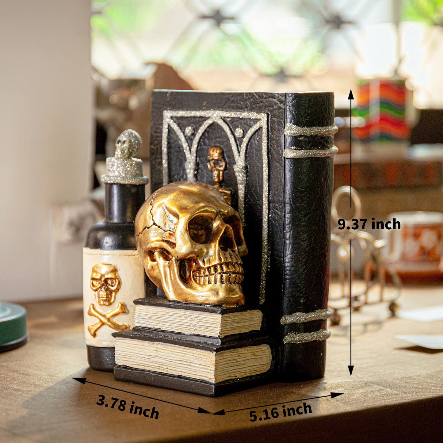 Ovewios Halloween Skull Decor, Gothic Skeleton Heads and Book Resin Statue, Collectible Figurines for Halloween Decor Unique Gifts for Home Decorations 9.2"
