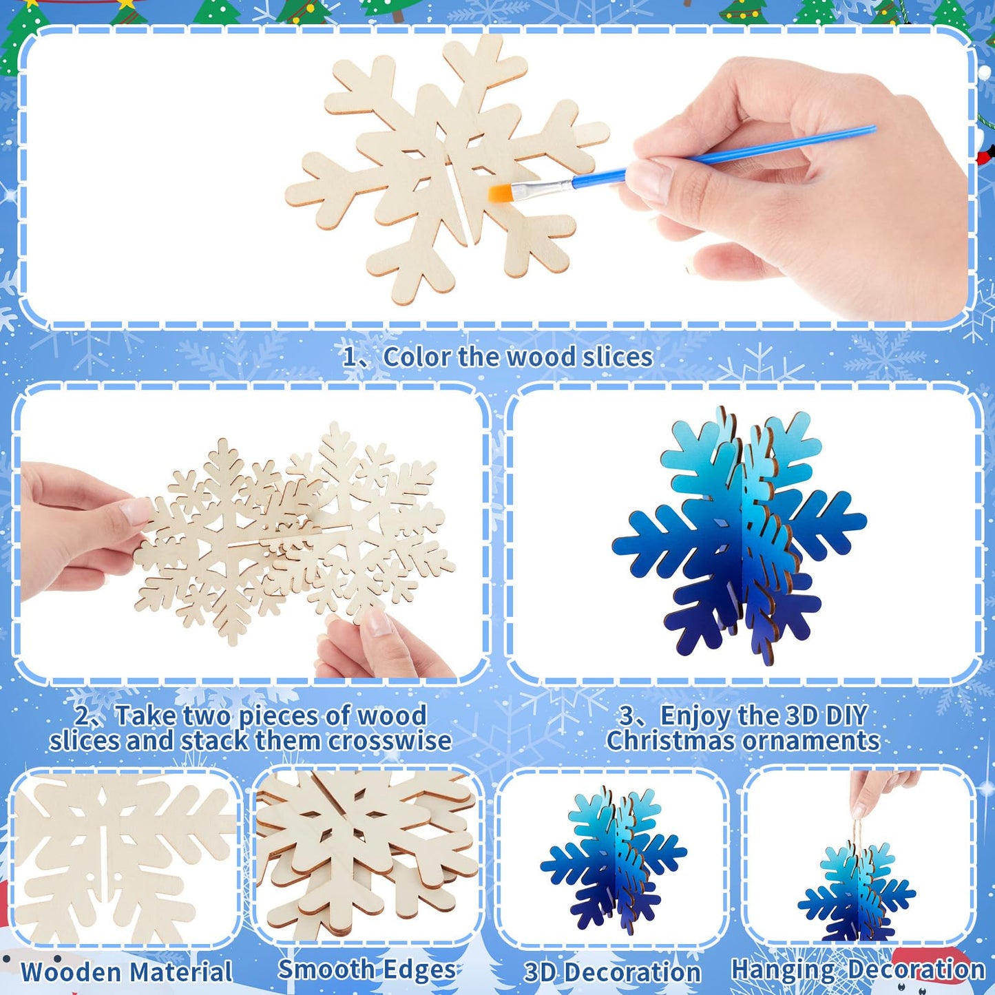 Chunful 48 Pcs Wooden Snowflake Ornaments DIY 3D Winter Snowflake for Crafts Bulk 24 Sets Unfinished Hanging Snowflakes Ornaments with Cord for Winter Party Decoration
