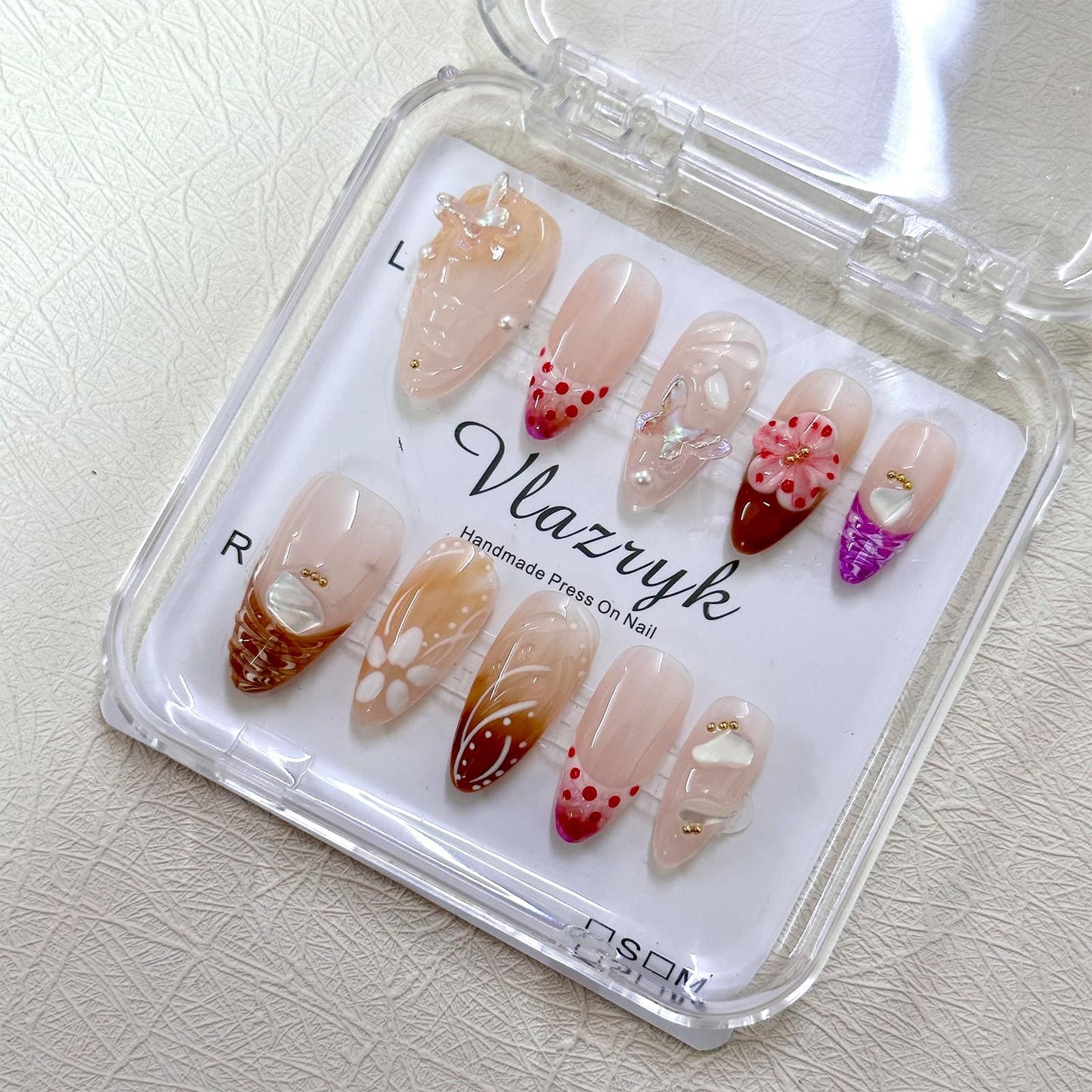 Handmade Press-On Nails – Medium Almond French Tip 3D Butterfly & Brown gradient Flowers Nails,Salon-Quality Reusable Fake Nails,Handcrafted Multi-Layer Gel & Acrylic Nails M SIZE