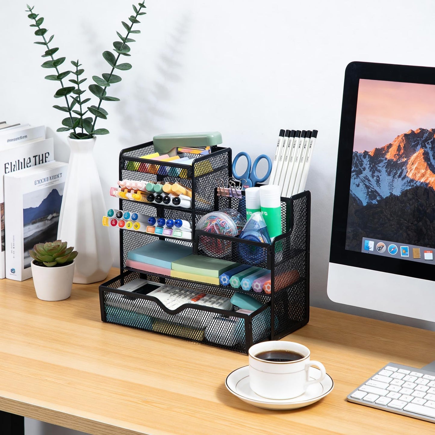 M&G Mesh Pen Holder for Desk, Multi-Functional Pencil Holder with Drawer Desk Organizer, Large Capacity Office Desk organizers and Accessories (Black)